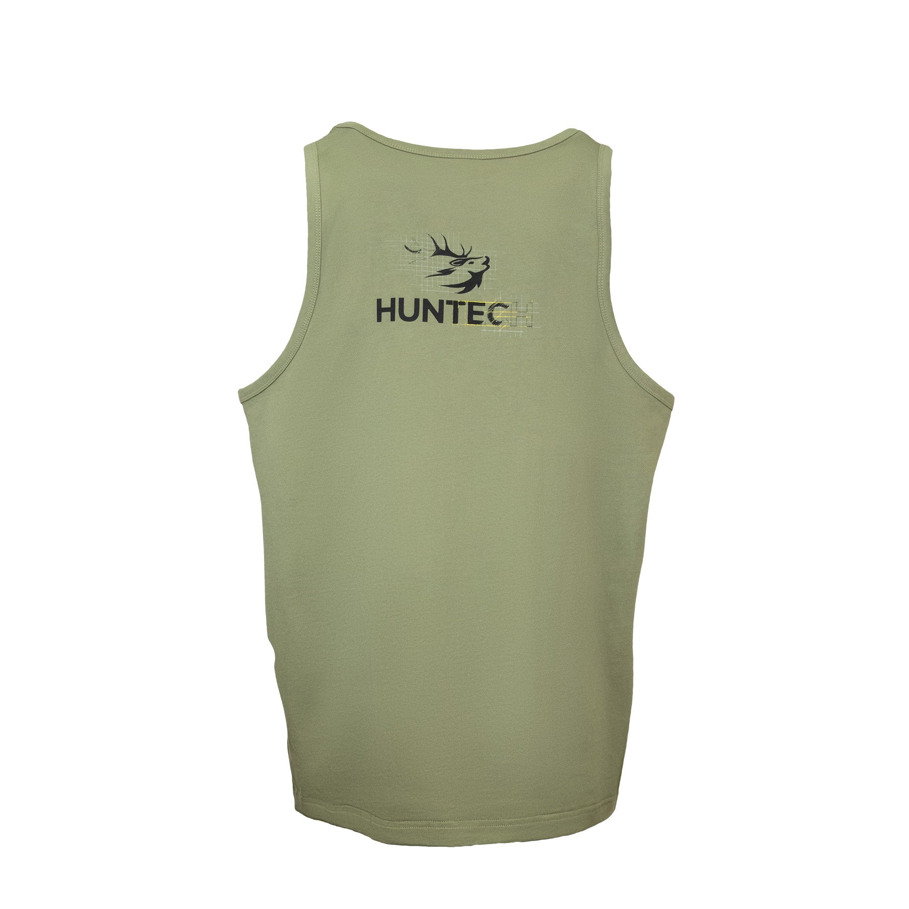 Back image of men's singlet in a lightweight fabric that features the Huntech logo slightly larger and placed between the shoulder blades as if half-designed. Ships from Australia. Shown in mid green.