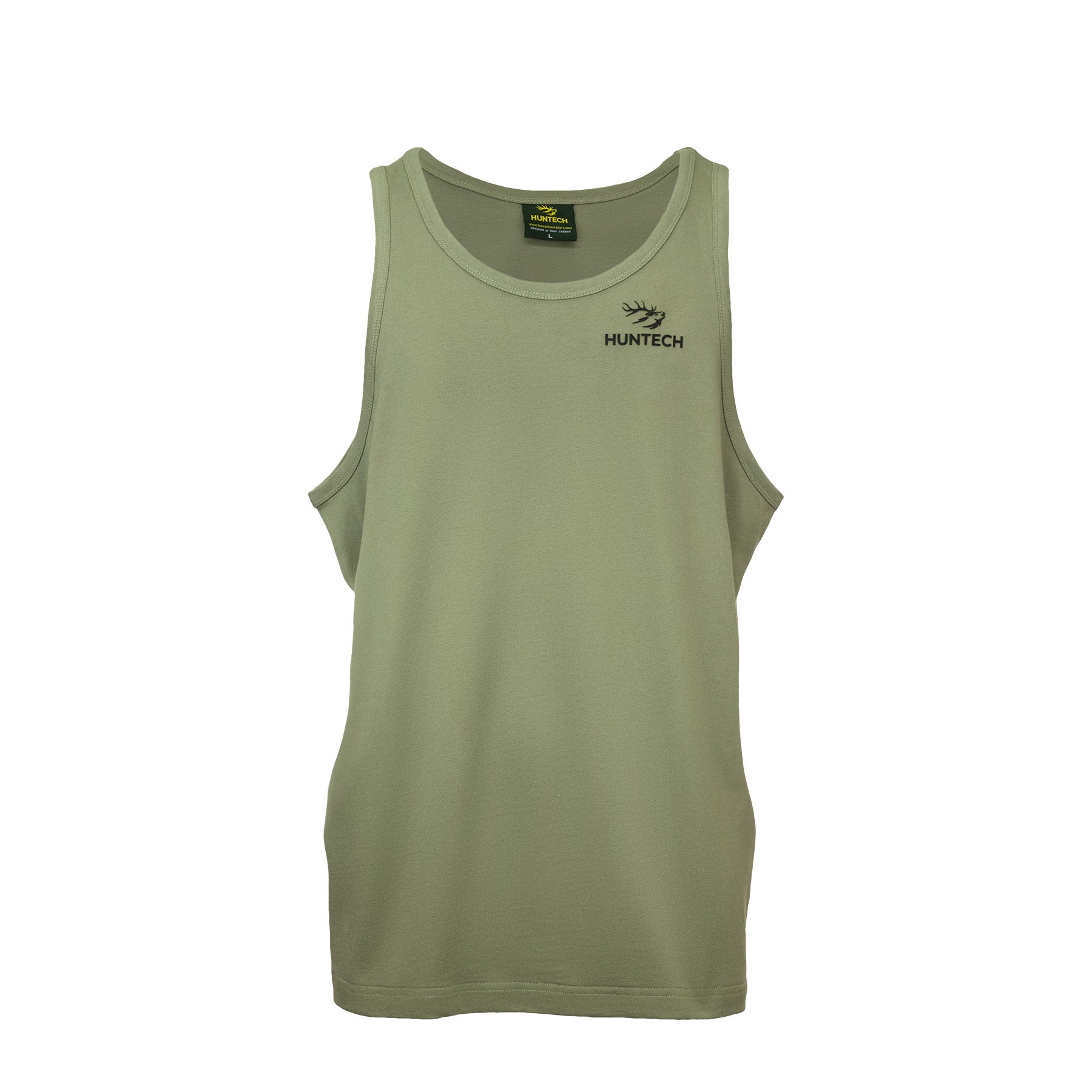 Front image of men's singlet in a lightweight fabric that features the Huntech logo on the left breast. Ships from Australia. Shown in mid green.