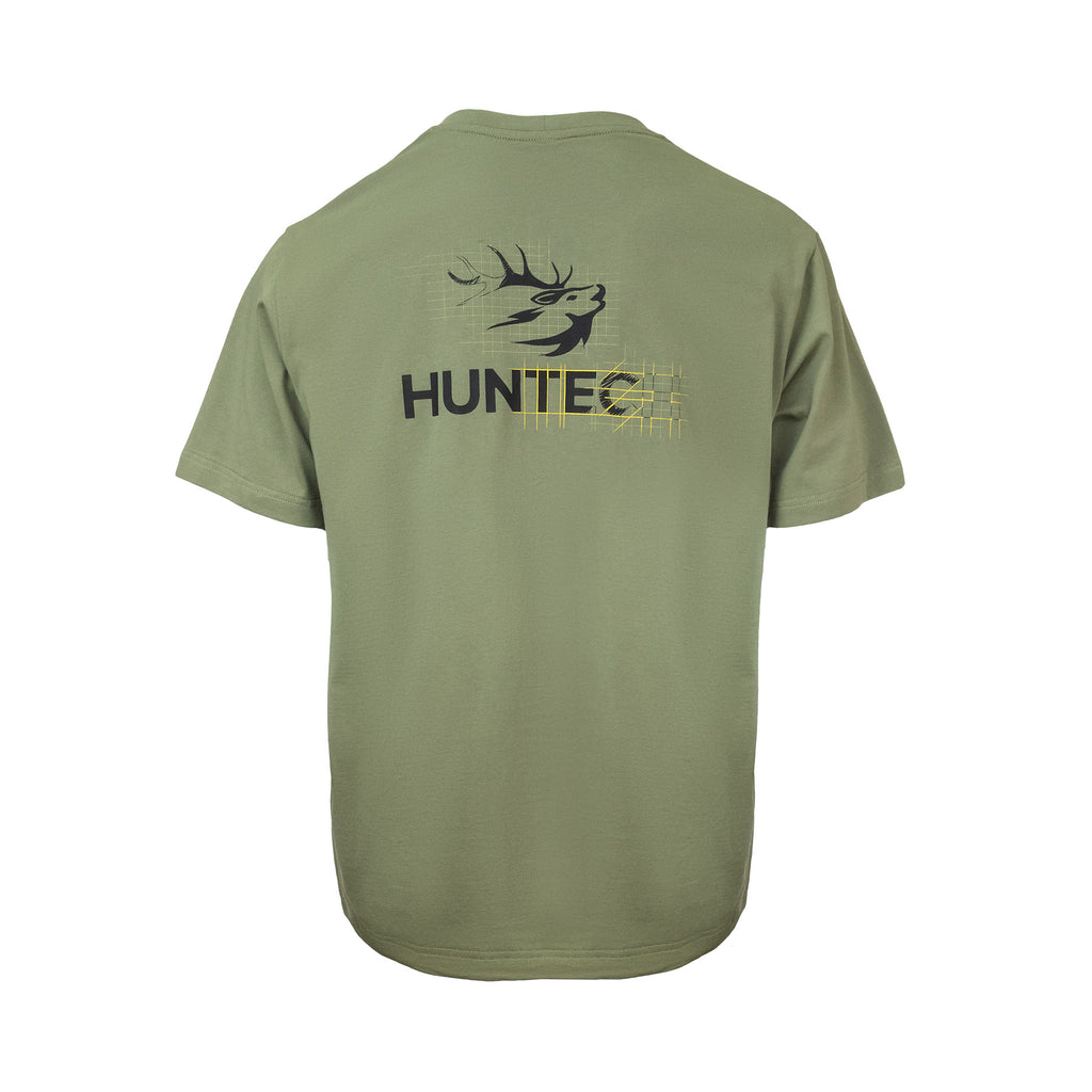 Back image of men's tee in a lightweight fabric that features the Huntech logo slightly larger and placed between the shoulder blades as if half-designed. Ships from Australia. Shown in mid green.