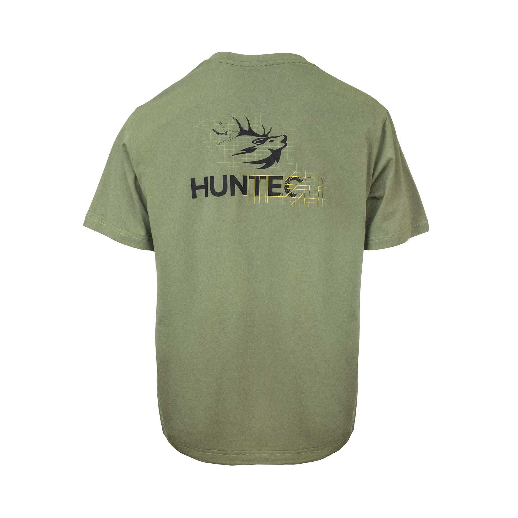 Back image of men's tee in a lightweight fabric that features the Huntech logo slightly larger and placed between the shoulder blades as if half-designed. Ships from Australia. Shown in mid green.
