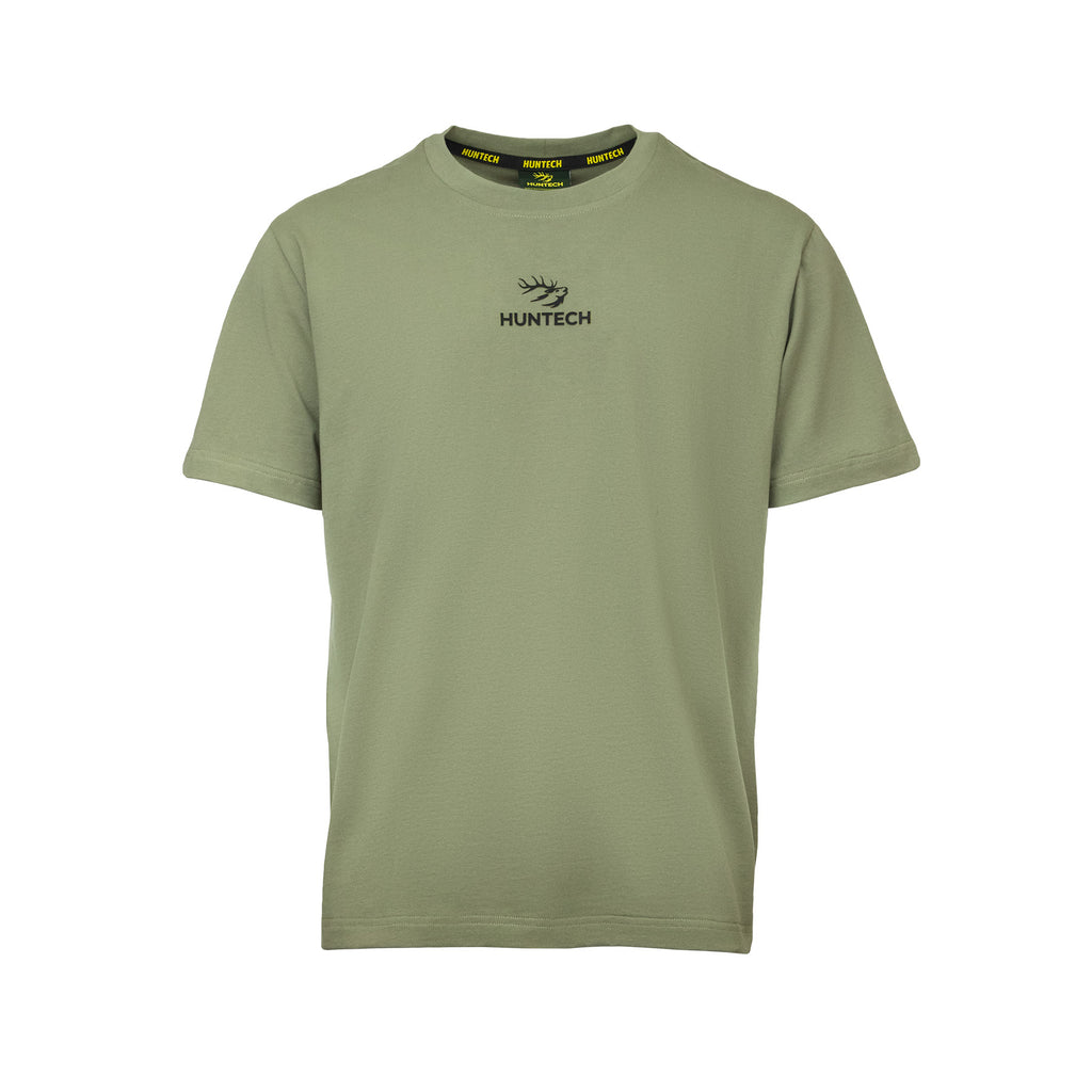 Front image of men's tee in a lightweight fabric that features the Huntech logo centred just below the neckline. Ships from Australia. Shown in mid green.