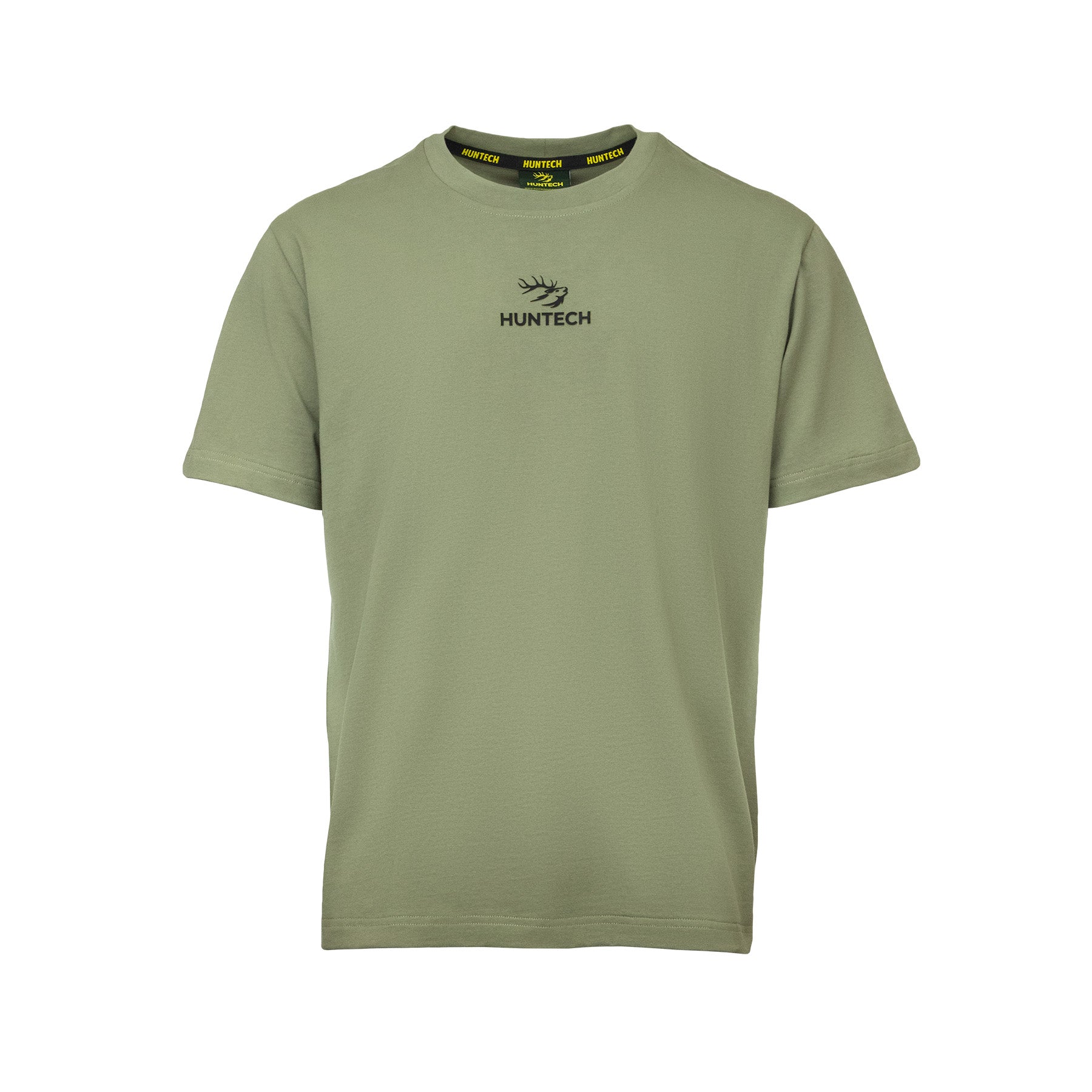Front image of men's tee in a lightweight fabric that features the Huntech logo centred just below the neckline. Ships from Australia. Shown in mid green.