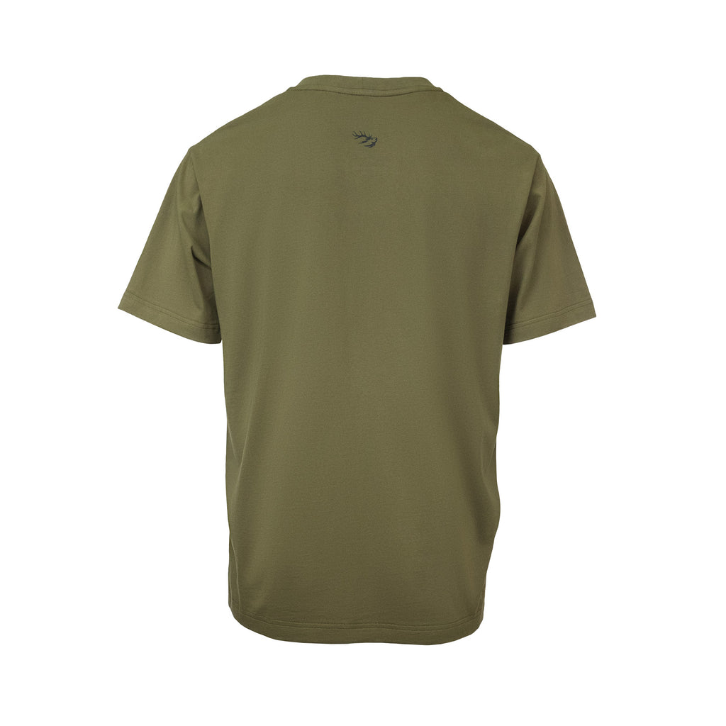 Back view of men’s ultra lightweight crew neck tee in 100% organic cotton. Features a tone on tone Huntech stags head logo just below the back neck edge . Shown here in military green, this item ships from Australia.
