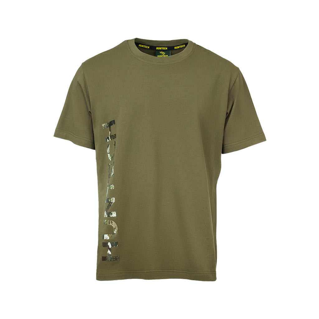 Front view of men’s ultra lightweight crew neck tee in 100% organic cotton. Features a vertical knocked back Huntech graphic next to the right side seam. Shown here in military green, this item ships from Australia.