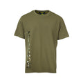 Front view of men’s ultra lightweight crew neck tee in 100% organic cotton. Features a vertical knocked back Huntech graphic next to the right side seam. Shown here in military green, this item ships from Australia.