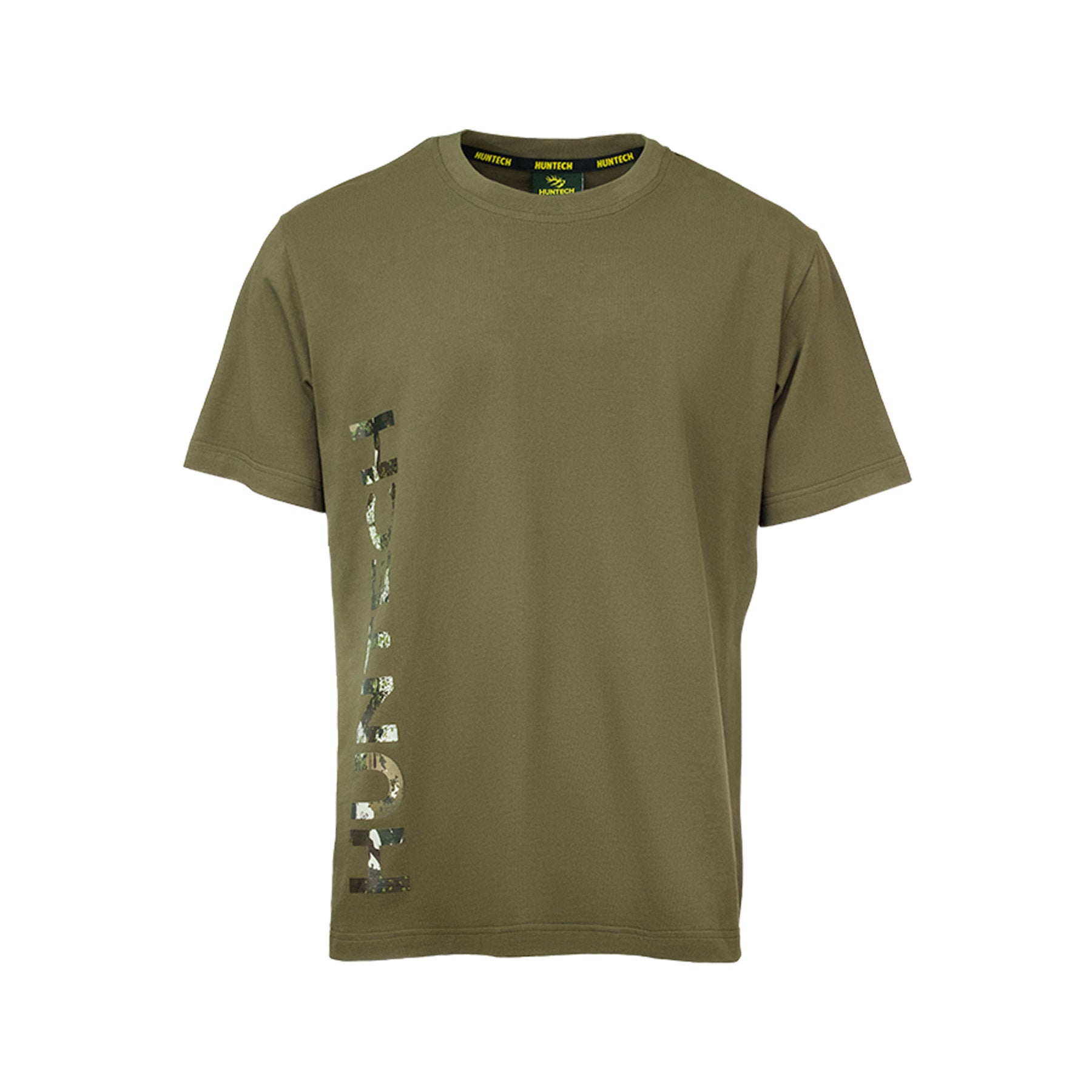 Front view of men’s ultra lightweight crew neck tee in 100% organic cotton. Features a vertical knocked back Huntech graphic next to the right side seam. Shown here in military green, this item ships from Australia.