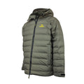 Front view of men’s lightweight, responsible down, waterproof puffer jacket with the Huntech logo in bright yellow on the left breast. With a bonded nylon outer, this fully seam-sealed jacket features a side pocket, a front zip close and adjustable hood as well as adjustable cuffs. Shown here in a dark olive green with the hood down, this product ships from Australia.