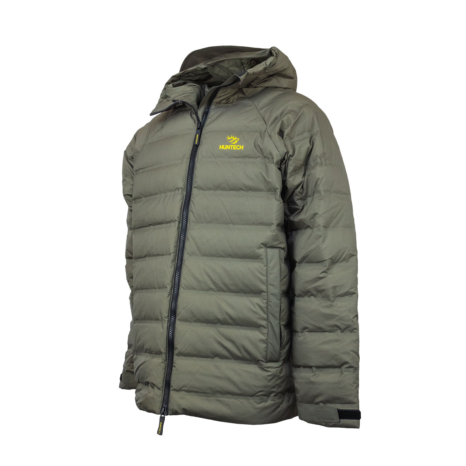 Front view of men’s lightweight, responsible down, waterproof puffer jacket with the Huntech logo in bright yellow on the left breast. With a bonded nylon outer, this fully seam-sealed jacket features a side pocket, a front zip close and adjustable hood as well as adjustable cuffs. Shown here in a dark olive green with the hood down, this product ships from Australia.