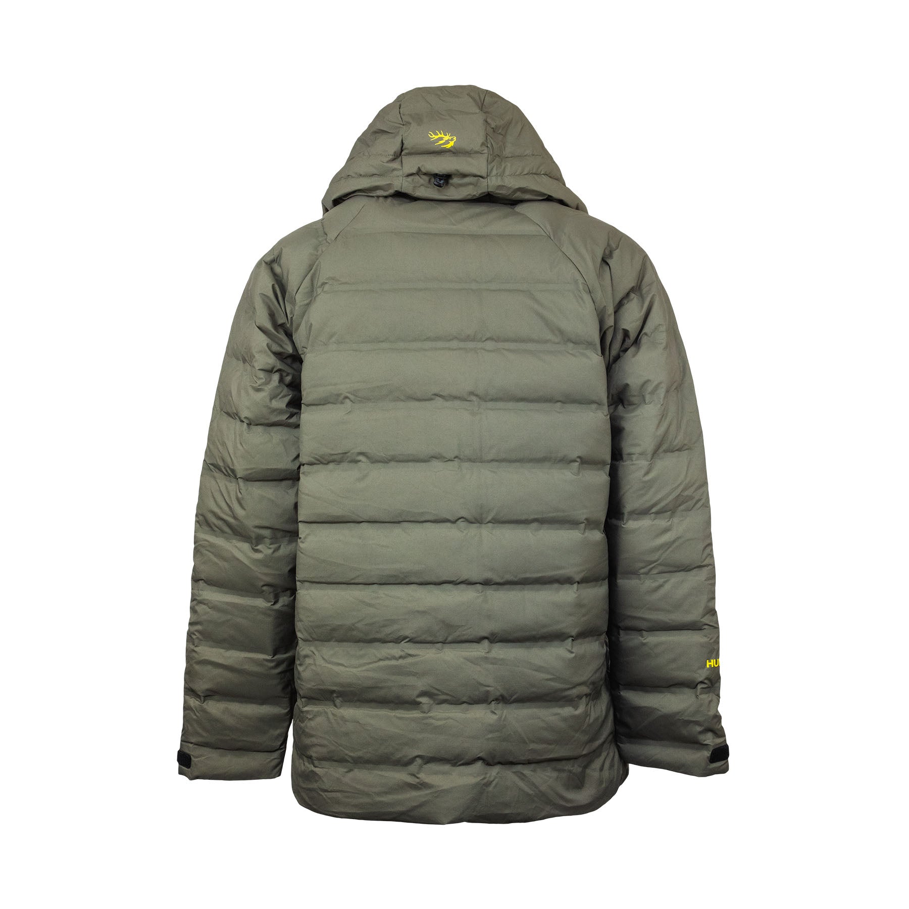 Back view of men’s lightweight, responsible down, waterproof puffer jacket with the Huntech logo on the back of the hood. Shown here in a dark olive green, this product ships from Australia.