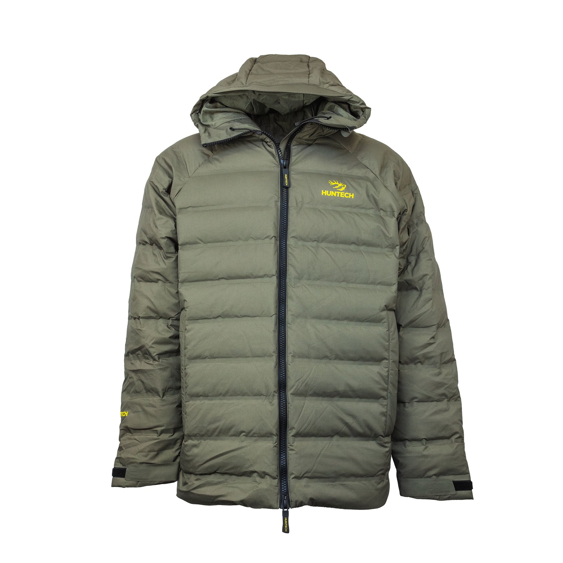 Front view of men’s lightweight, responsible down, waterproof puffer jacket with the Huntech logo in bright yellow on the left breast. With a bonded nylon outer, this fully seam-sealed jacket features a side pocket, a front zip close and adjustable hood as well as adjustable cuffs. Shown here in a dark olive green with the hood down, this product ships from Australia.