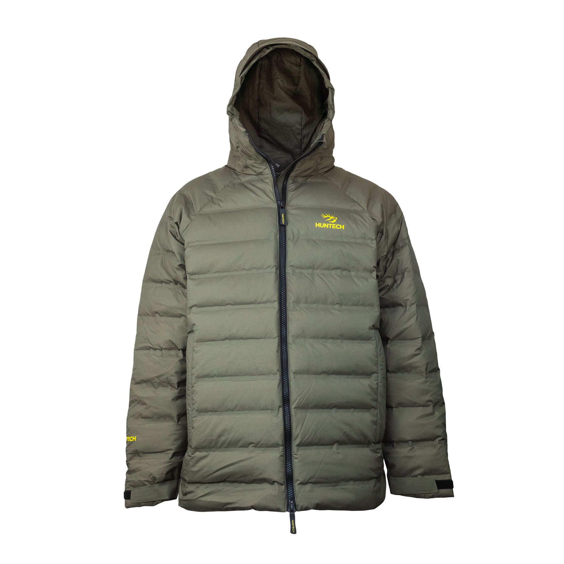 Front view of men’s lightweight, responsible down, waterproof puffer jacket with the Huntech logo in bright yellow on the left breast. With a bonded nylon outer, this fully seam-sealed jacket features a side pocket, a front zip close and adjustable hood as well as adjustable cuffs. Shown here in a dark olive green with the hood up, this product ships from Australia.