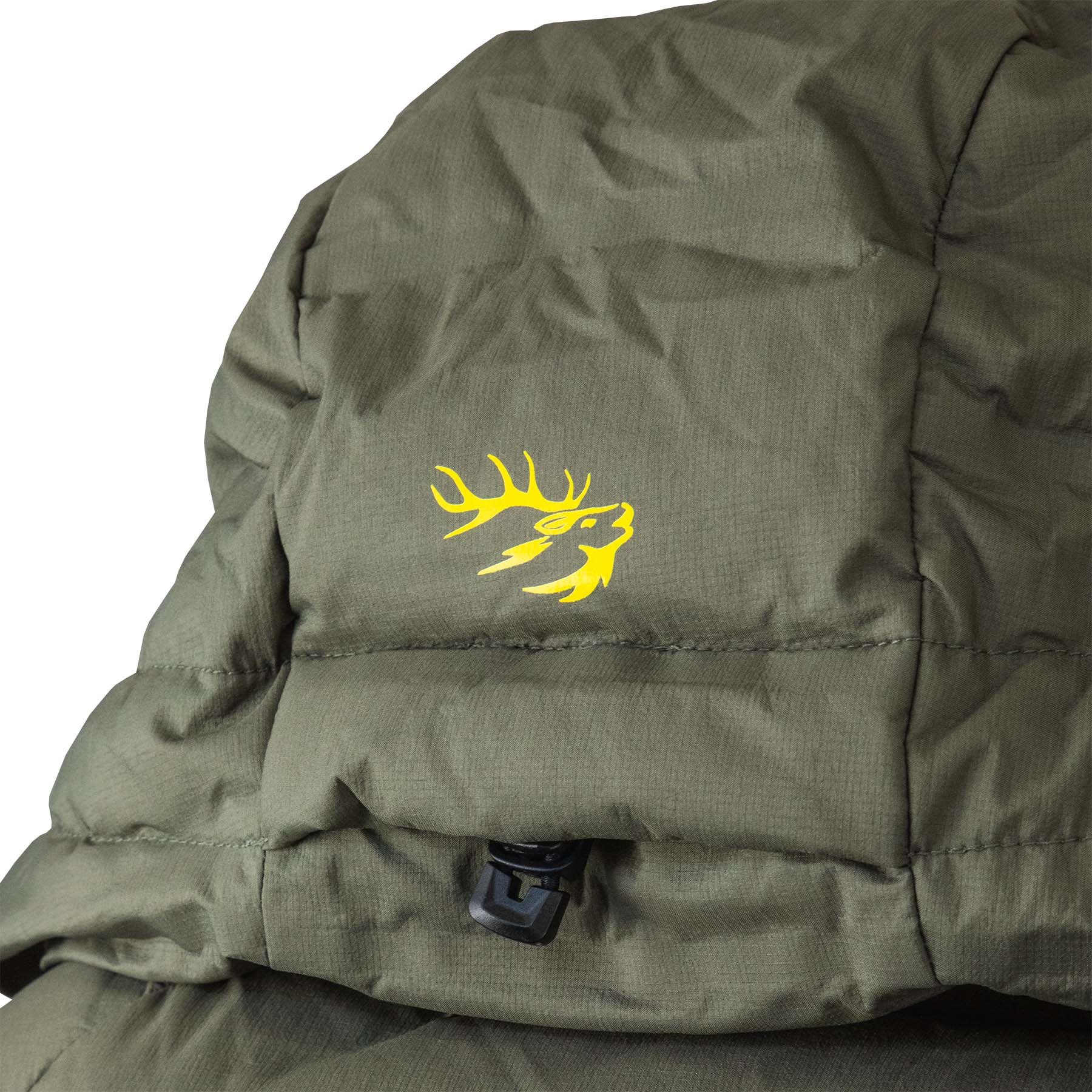 Close up of the jacket hood with the Huntech stags head logo in bright yellow on the back.