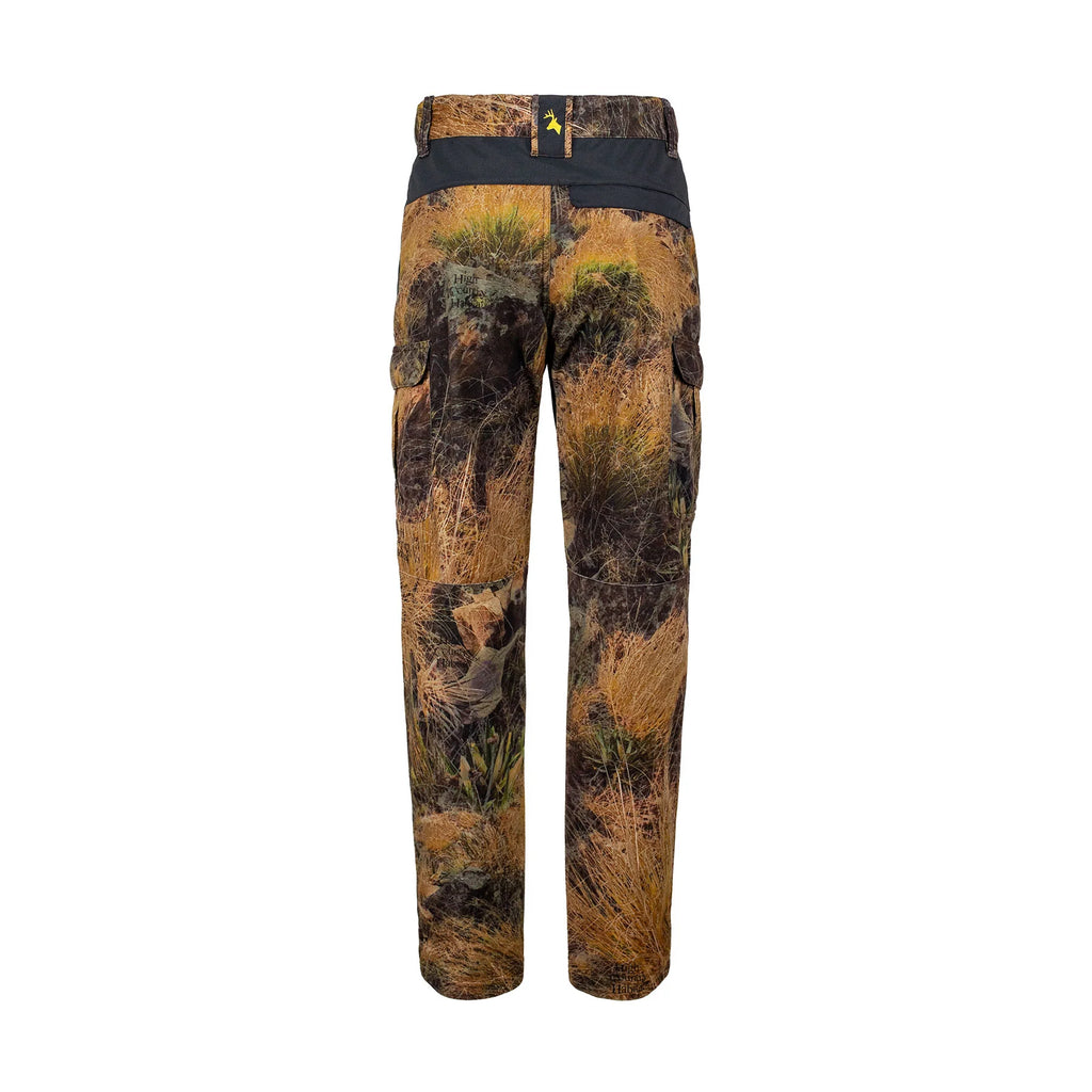 Back view of men’s mid-weight pants in a brushed tricot, with a flexible spandex crutch. Ships from Australia. Shown high-country camo pattern with Huntech stags head in bright yellow at the centre back waistband.