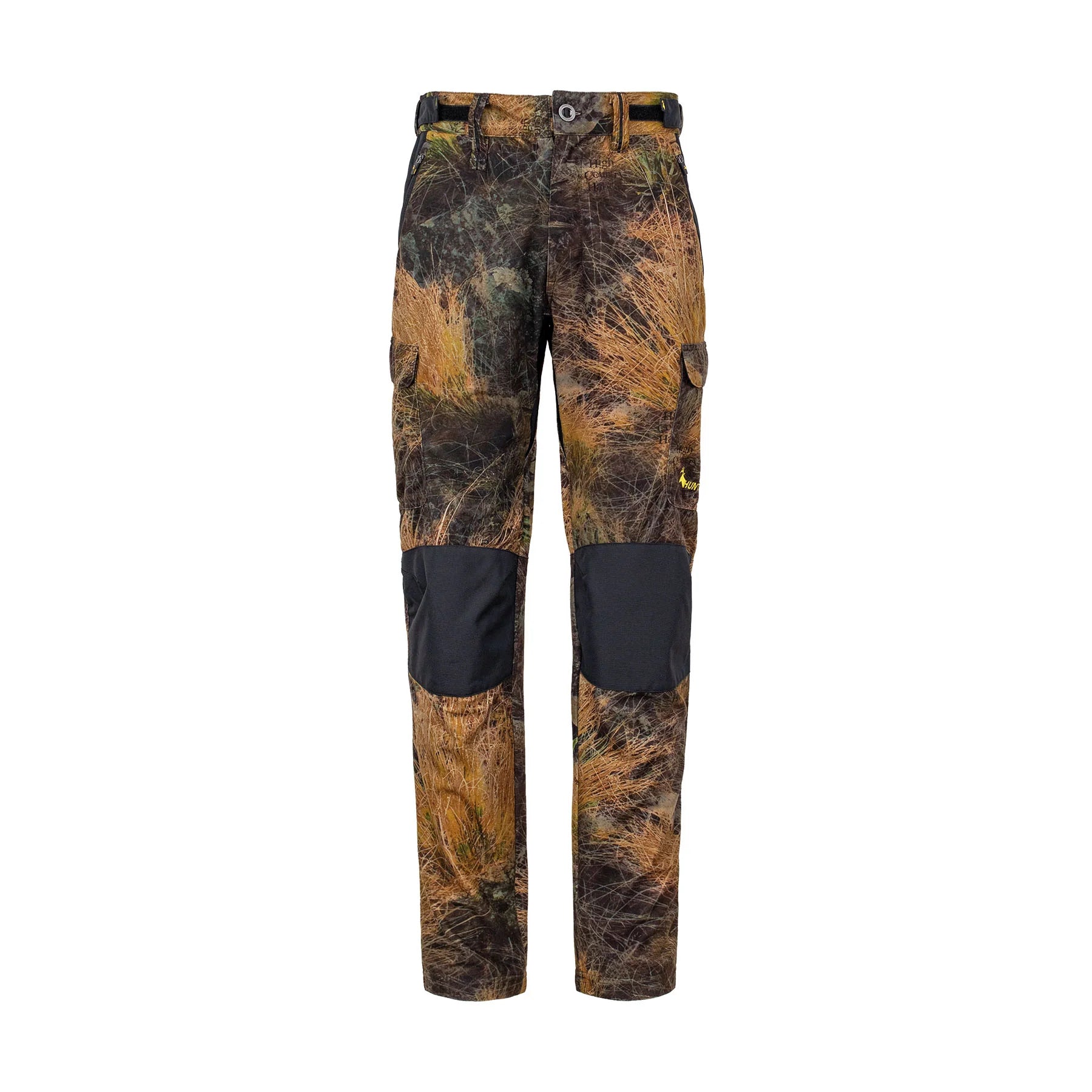 Front view of men’s mid-weight pants in a brushed tricot, with a flexible spandex crutch, a reinforced Oxford knee in black with Huntech logo in bright yellow just above this on the left hand side. Ships from Australia. Shown high-country camo pattern.