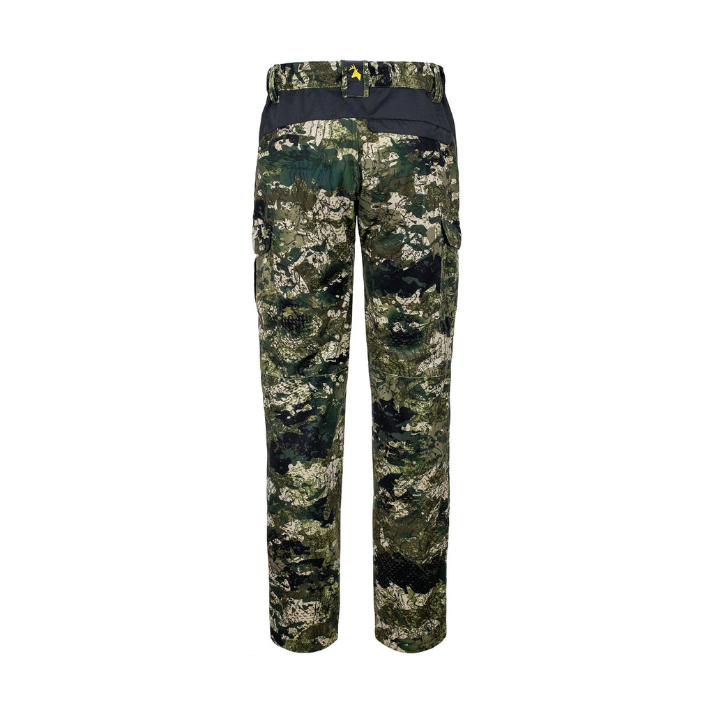 Back view of men’s mid-weight pants in a brushed tricot, with a flexible spandex crutch. Ships from Australia. Shown kakariki camo pattern with Huntech stags head in bright yellow at the centre back waistband.
