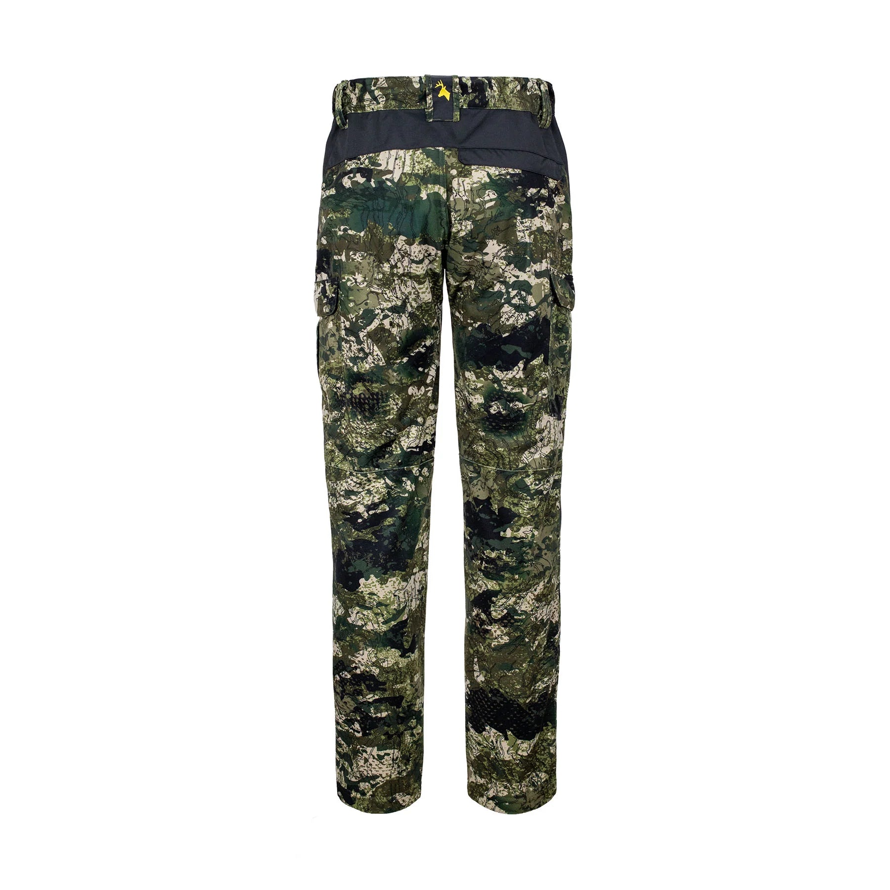 Back view of men’s mid-weight pants in a brushed tricot, with a flexible spandex crutch. Ships from Australia. Shown kakariki camo pattern with Huntech stags head in bright yellow at the centre back waistband.