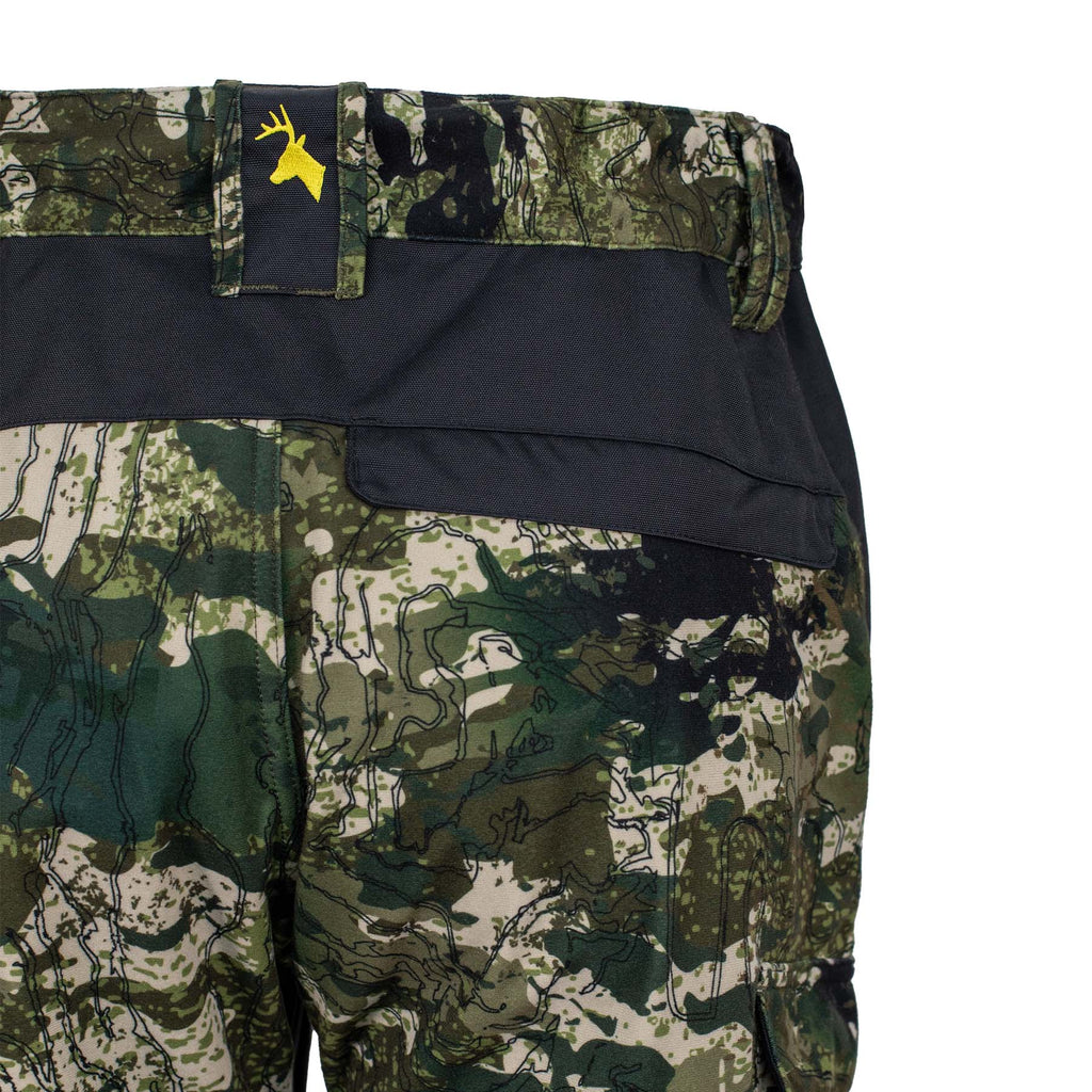 Close up detail of the back centre waist detail including the Huntech stags head logo in bright yellow. Shown in kakariki camo pattern.