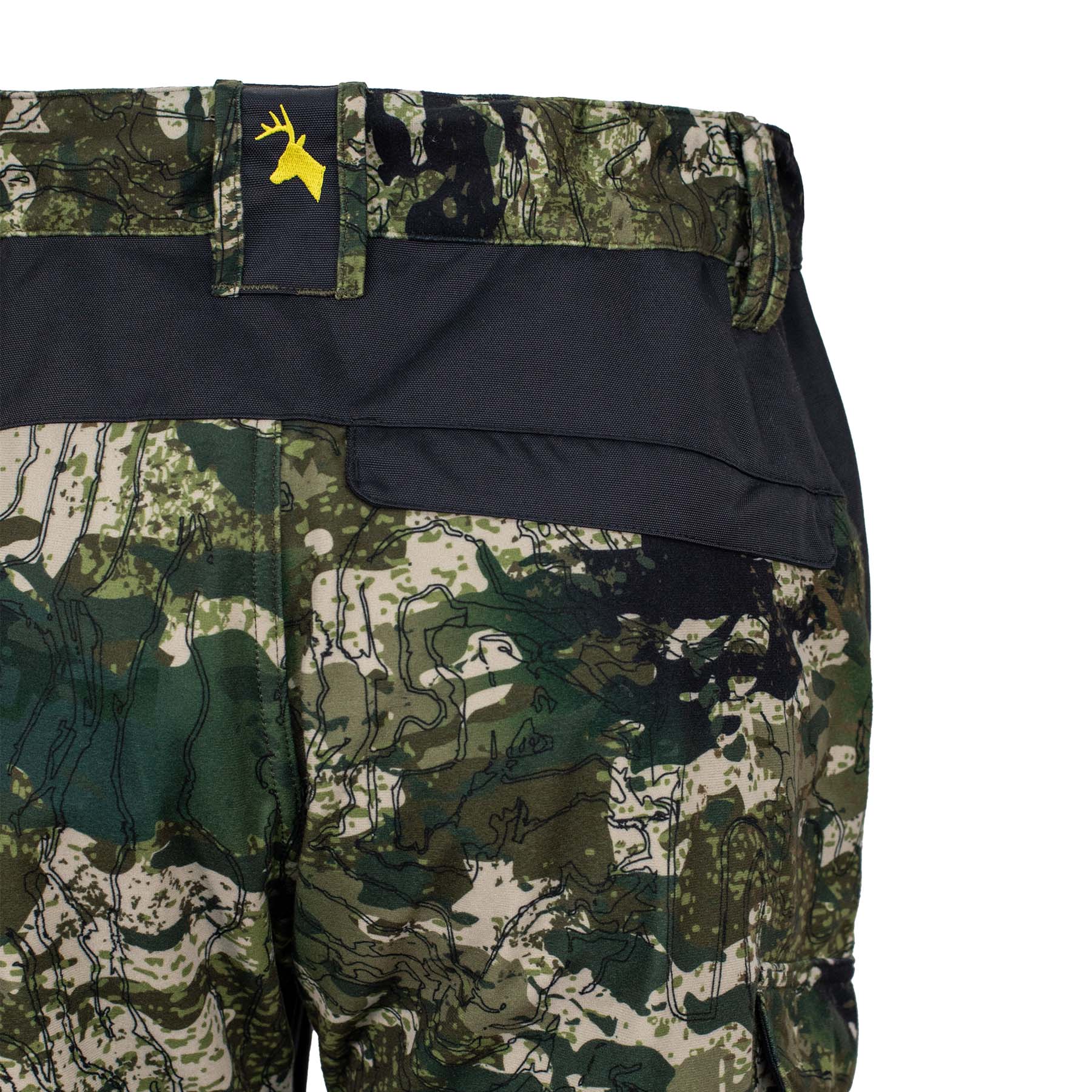 Close up detail of the back centre waist detail including the Huntech stags head logo in bright yellow. Shown in kakariki camo pattern.
