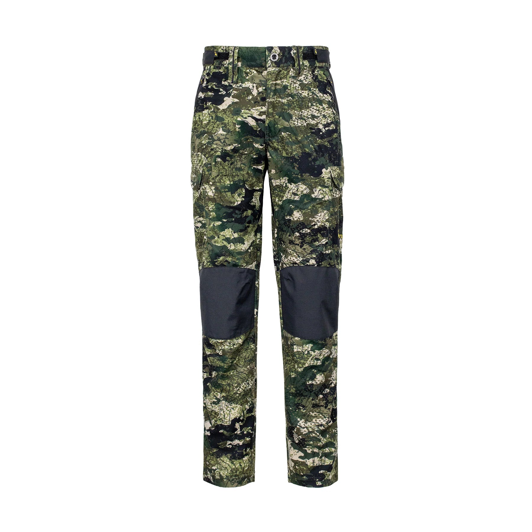 Front view of men’s mid-weight pants in a brushed tricot, with a flexible spandex crutch, a reinforced Oxford knee and internal waist adjustment system. Ships from Australia. Shown high-country camo.