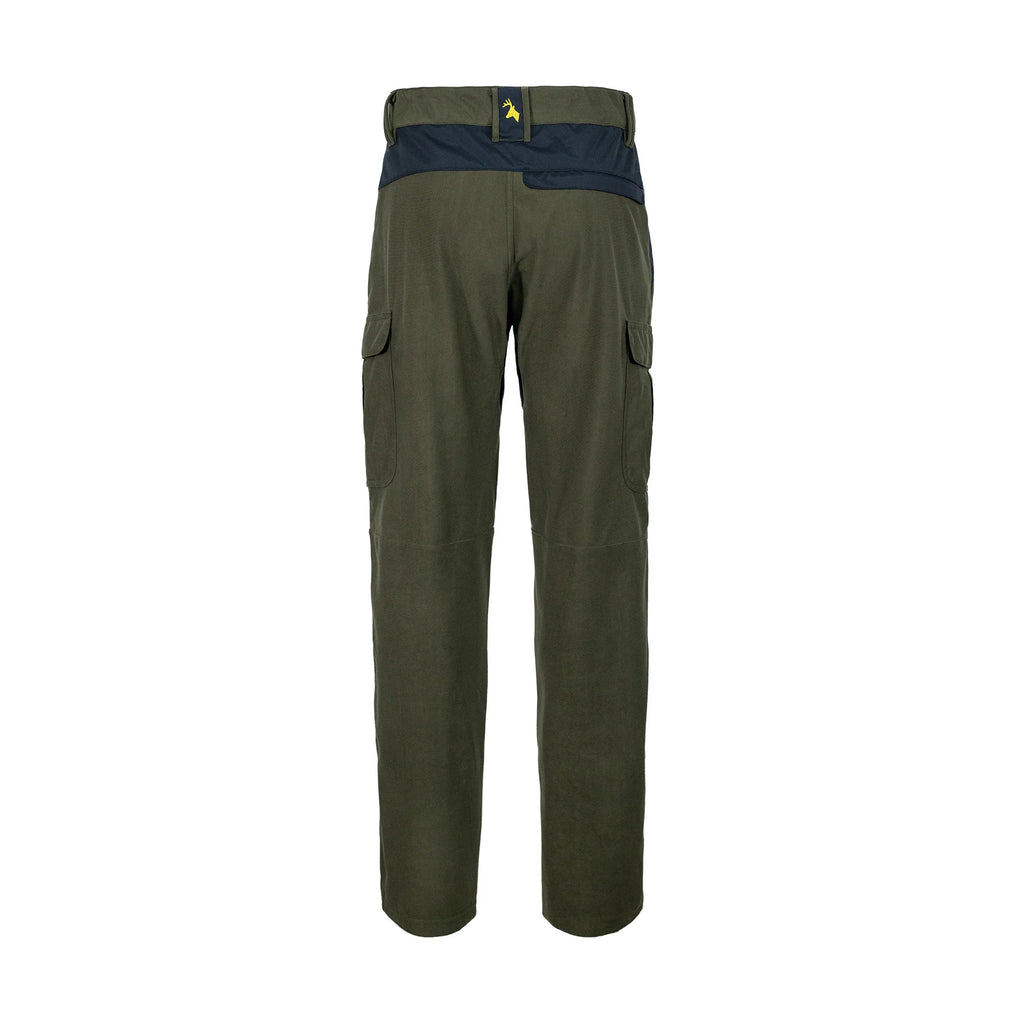 Back view of men’s mid-weight pants in a brushed tricot, with a flexible spandex crutch. Ships from Australia. Shown military green with Huntech stags head in bright yellow at the centre back waistband.