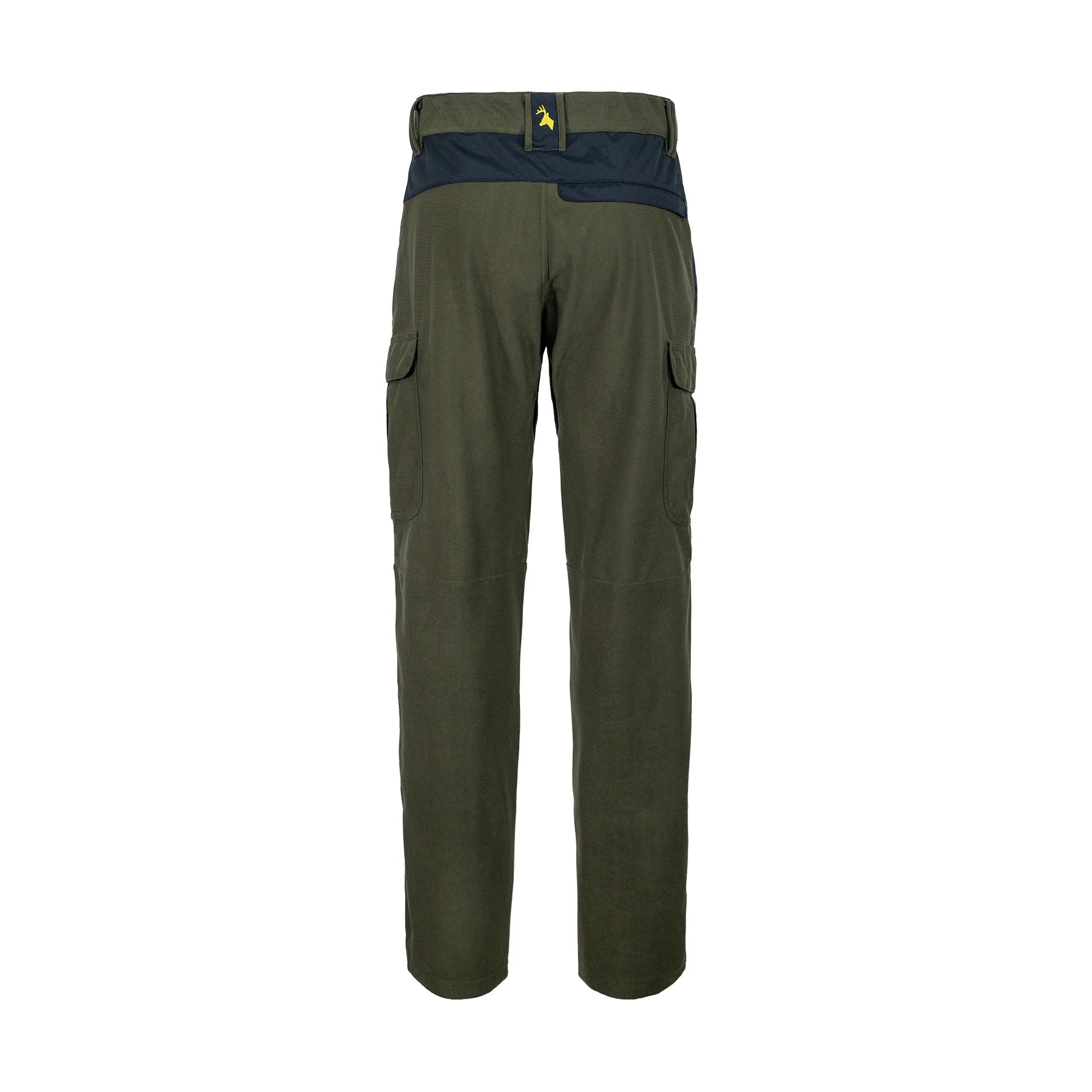 Back view of men’s mid-weight pants in a brushed tricot, with a flexible spandex crutch. Ships from Australia. Shown military green with Huntech stags head in bright yellow at the centre back waistband.