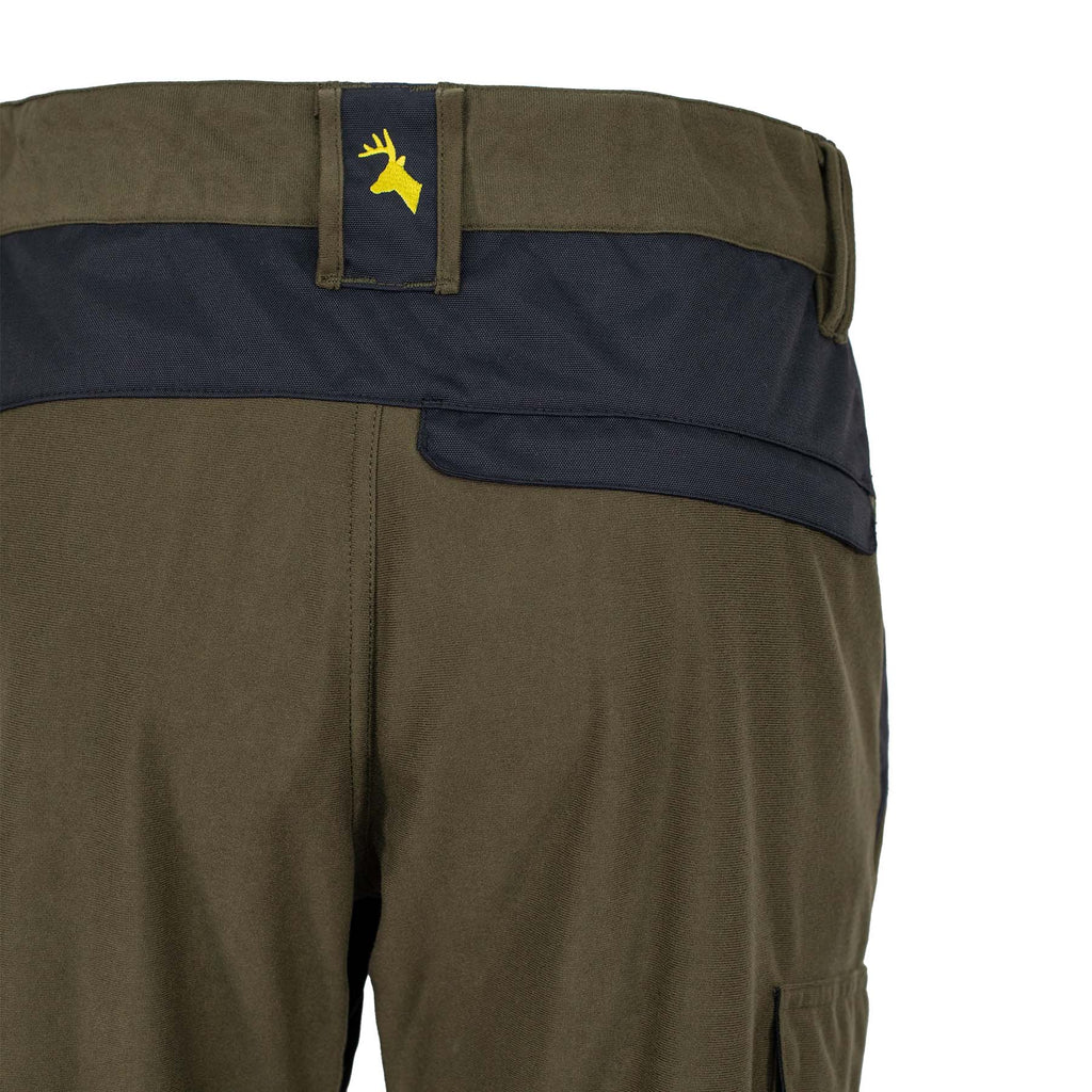Close up detail of the back centre waist detail including the Huntech stags head logo in bright yellow. Shown in military green.