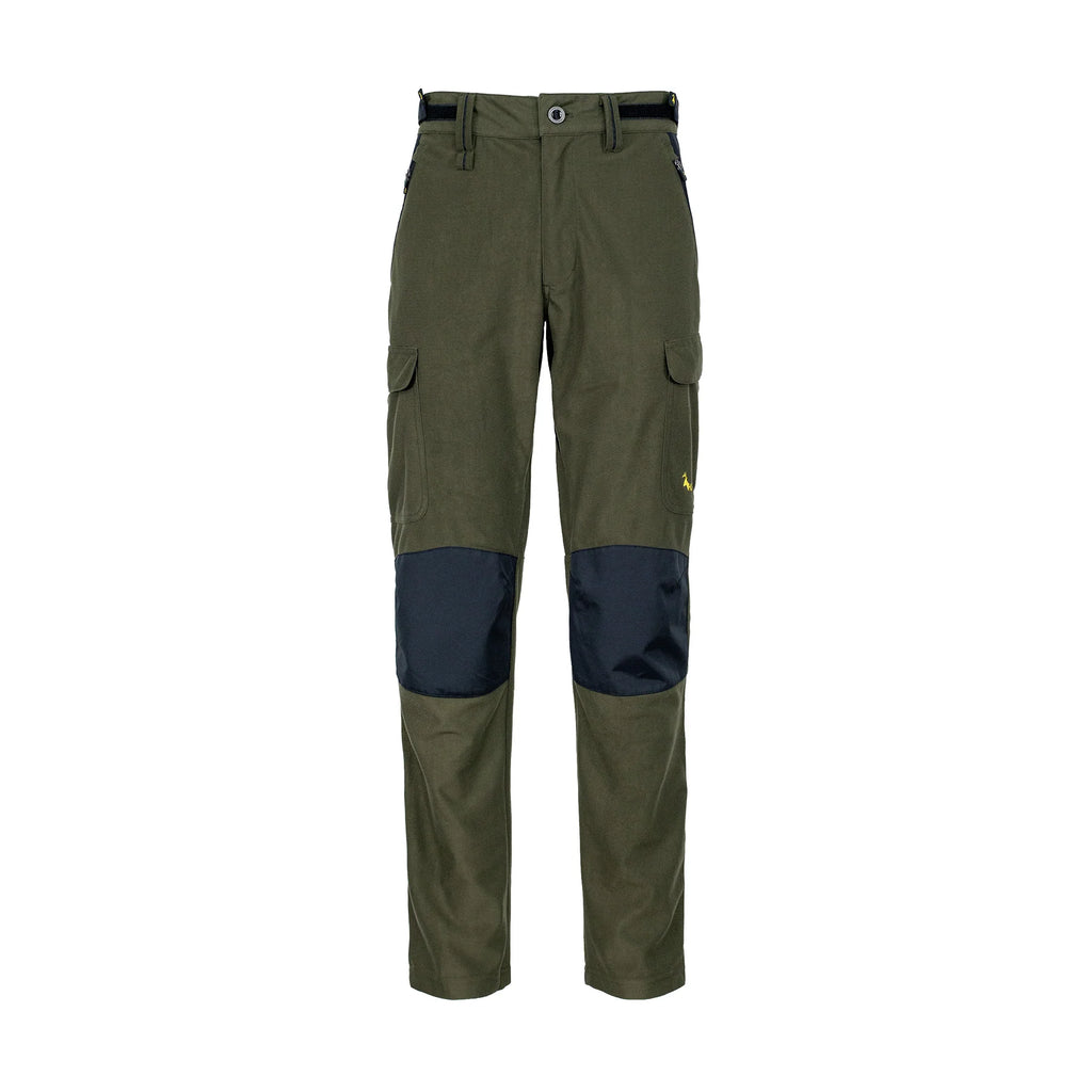 Front view of men’s mid-weight pants in a brushed tricot, with a flexible spandex crutch, a reinforced Oxford knee in black with Huntech logo in bright yellow just above this on the left hand side. Ships from Australia. Shown military green.