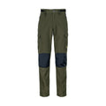 Front view of men’s mid-weight pants in a brushed tricot, with a flexible spandex crutch, a reinforced Oxford knee in black with Huntech logo in bright yellow just above this on the left hand side. Ships from Australia. Shown military green.