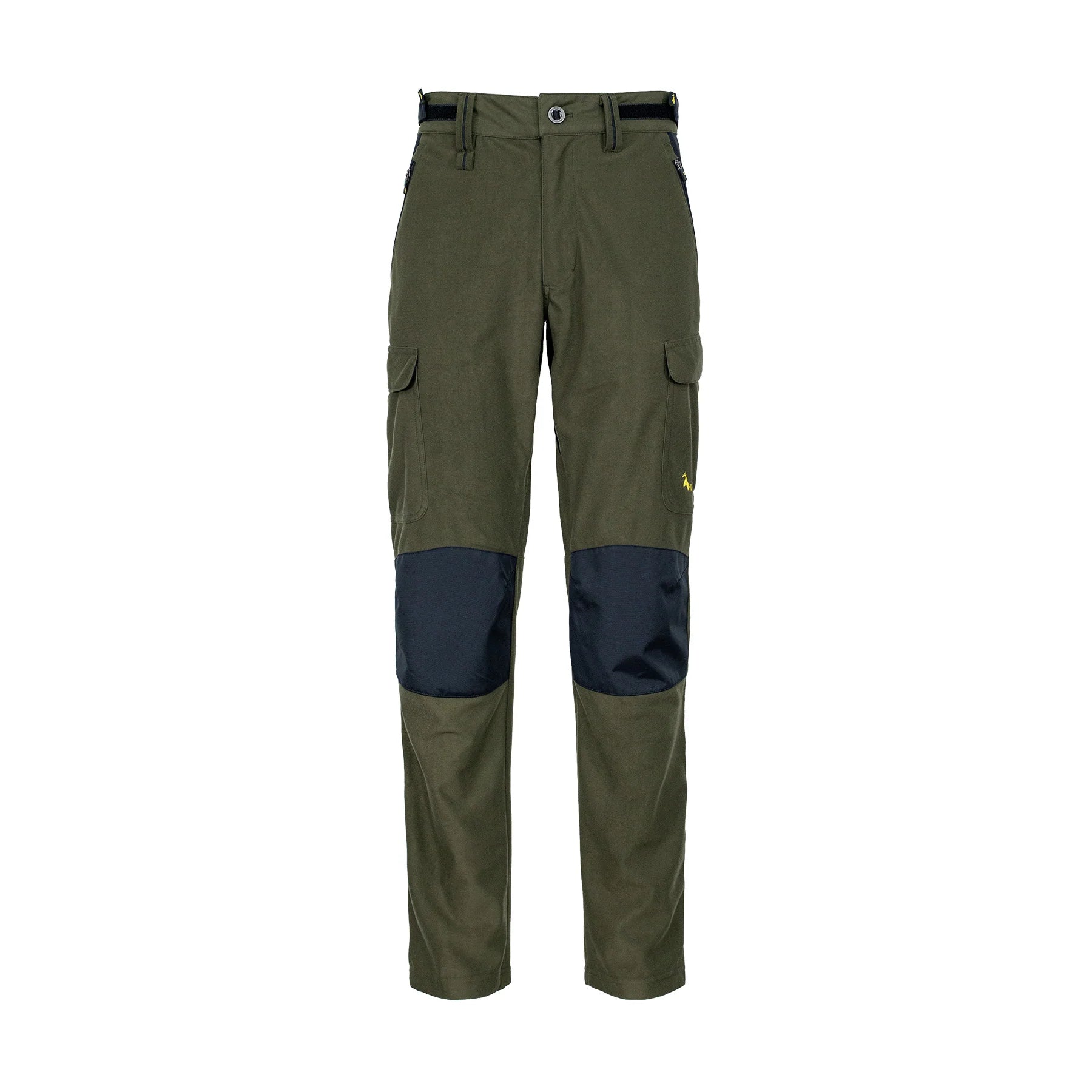 Front view of men’s mid-weight pants in a brushed tricot, with a flexible spandex crutch, a reinforced Oxford knee in black with Huntech logo in bright yellow just above this on the left hand side. Ships from Australia. Shown military green.