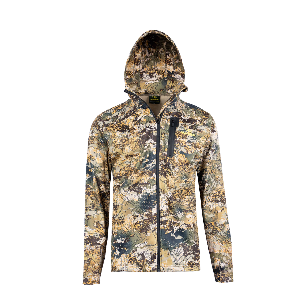 Front view of men’s mid-weight hoodie with hood up in 97% microform fleece blend. Comes with elastic stretch cuffs with thumb hole and a hood and neckline fully lined in camo. Full zip front, large side pockets and a chest pocket. Ships from Australia and shown here in high country camo pattern with Huntech logo in bright yellow on left breast.