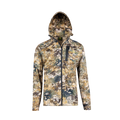 Front view of men’s mid-weight hoodie with hood up in 97% microform fleece blend. Comes with elastic stretch cuffs with thumb hole and a hood and neckline fully lined in camo. Full zip front, large side pockets and a chest pocket. Ships from Australia and shown here in high country camo pattern with Huntech logo in bright yellow on left breast.