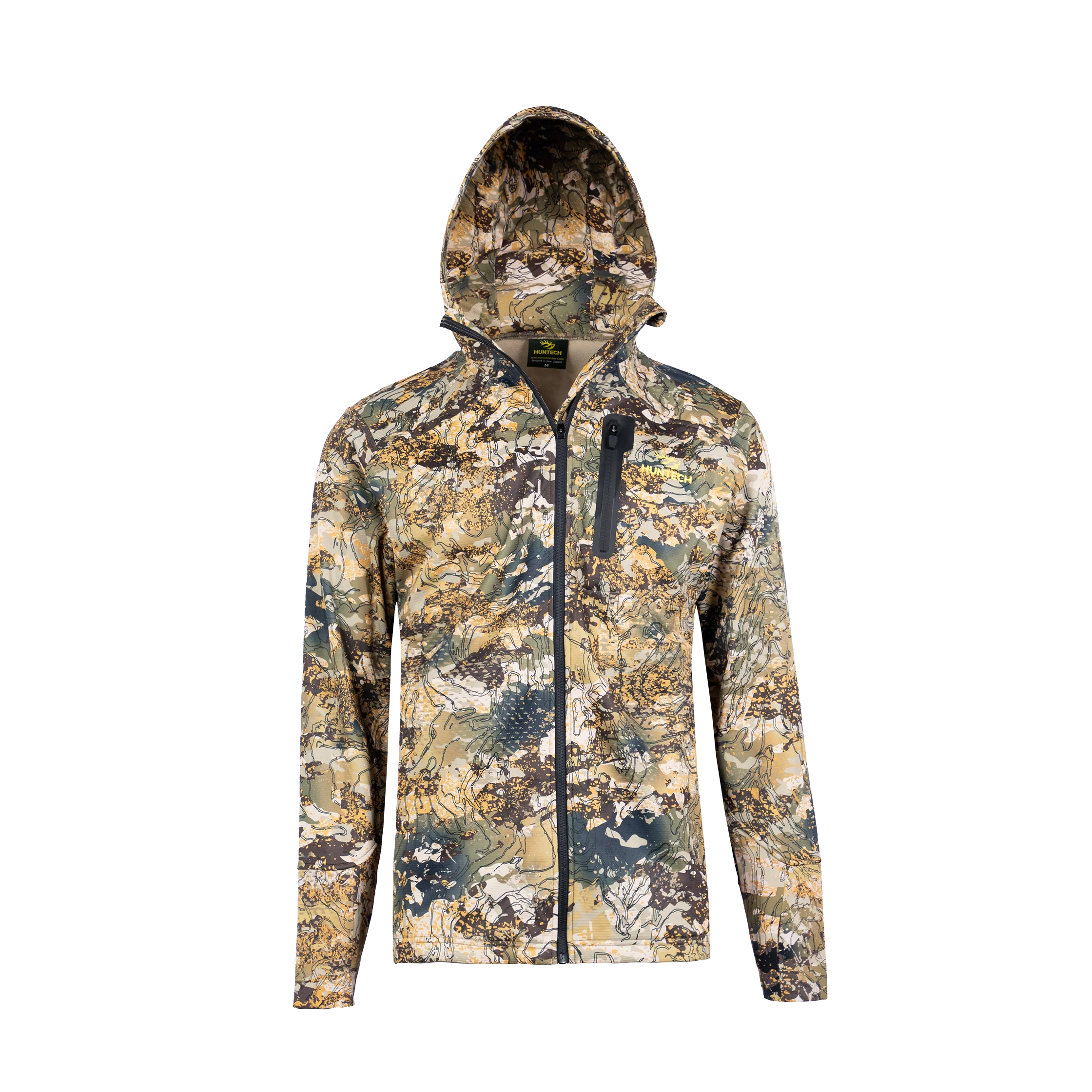 Front view of men’s mid-weight hoodie with hood up in 97% microform fleece blend. Comes with elastic stretch cuffs with thumb hole and a hood and neckline fully lined in camo. Full zip front, large side pockets and a chest pocket. Ships from Australia and shown here in high country camo pattern with Huntech logo in bright yellow on left breast.