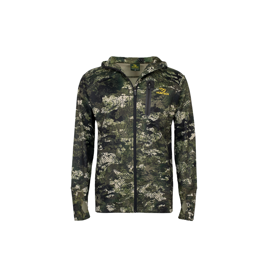 Front view of men’s mid-weight hoodie with hood down in 97% microform fleece blend. Comes with elastic stretch cuffs with thumb hole and a hood and neckline fully lined in camo. Full zip front, large side pockets and a chest pocket. Ships from Australia and shown here in kakariki camo pattern with Huntech logo in bright yellow on left breast.