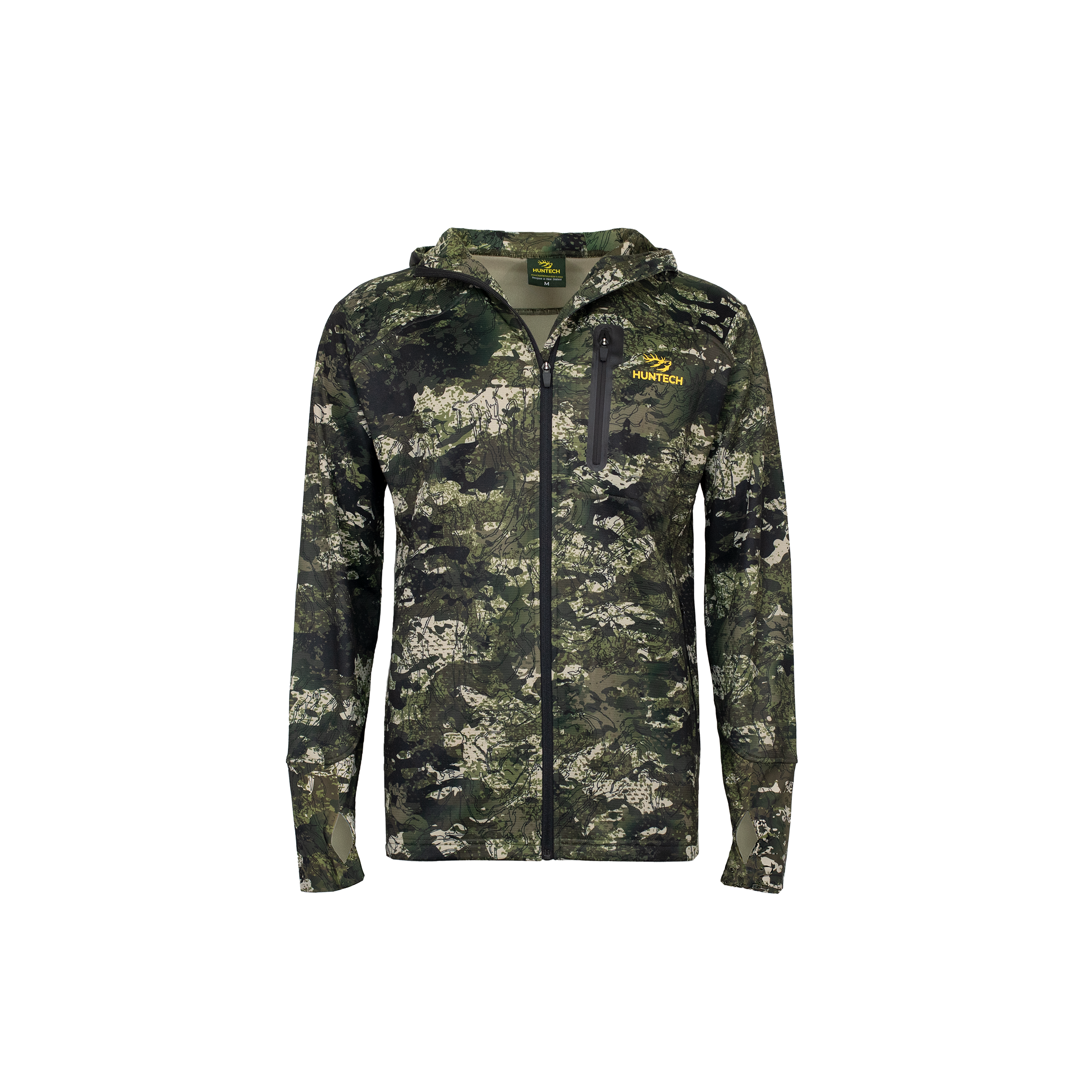 Front view of men’s mid-weight hoodie with hood down in 97% microform fleece blend. Comes with elastic stretch cuffs with thumb hole and a hood and neckline fully lined in camo. Full zip front, large side pockets and a chest pocket. Ships from Australia and shown here in kakariki camo pattern with Huntech logo in bright yellow on left breast.