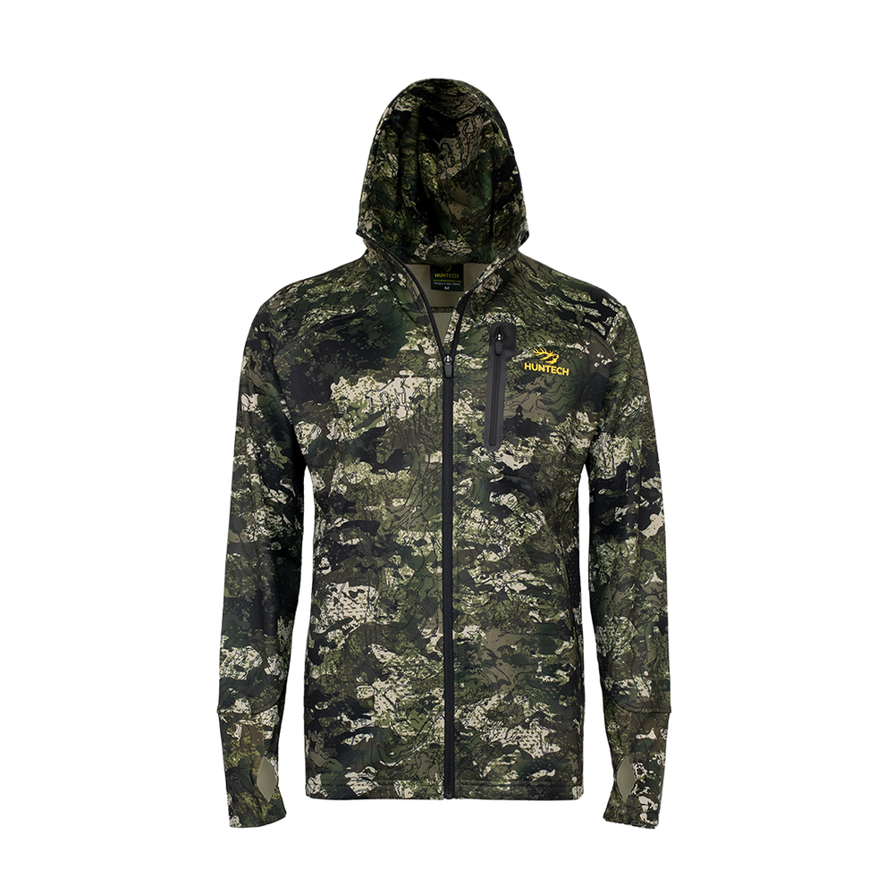 Front view of men’s mid-weight hoodie with hood up in 97% microform fleece blend. Comes with elastic stretch cuffs with thumb hole and a hood and neckline fully lined in camo. Full zip front, large side pockets and a chest pocket. Ships from Australia and shown here in kakariki camo pattern with Huntech logo in bright yellow on left breast.