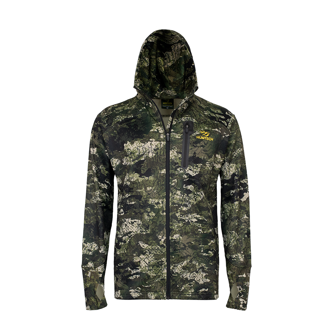 Front view of men’s mid-weight hoodie with hood up in 97% microform fleece blend. Comes with elastic stretch cuffs with thumb hole and a hood and neckline fully lined in camo. Full zip front, large side pockets and a chest pocket. Ships from Australia and shown here in kakariki camo pattern with Huntech logo in bright yellow on left breast.