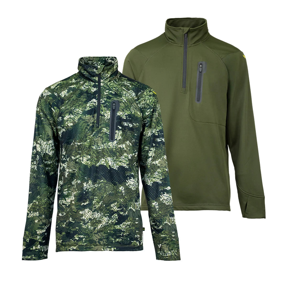 Front view of two men’s sweatshirts in microform fabric with a quarter YKK zip neck entry, spandex gusset underarm, and thumb hole cuffs. It also has a zippered dye cut welded pocket on the left breast and a Huntech logo in bright yellow on the shoulder. Ships from Australia and is shown here in kakariki camo pattern on the left and military green on the right.