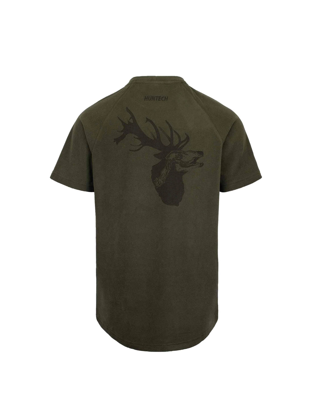 Image shows military green crewneck fleece tee in high grade anti-pill 180 gsm fleece with stags head laser etched design on back and cover stitch construction. Features short sleeves and longer back for warmth. Ships from Australia.