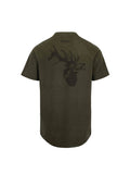Image shows military green crewneck fleece tee in high grade anti-pill 180 gsm fleece with stags head laser etched design on back and cover stitch construction. Features short sleeves and longer back for warmth. Ships from Australia.