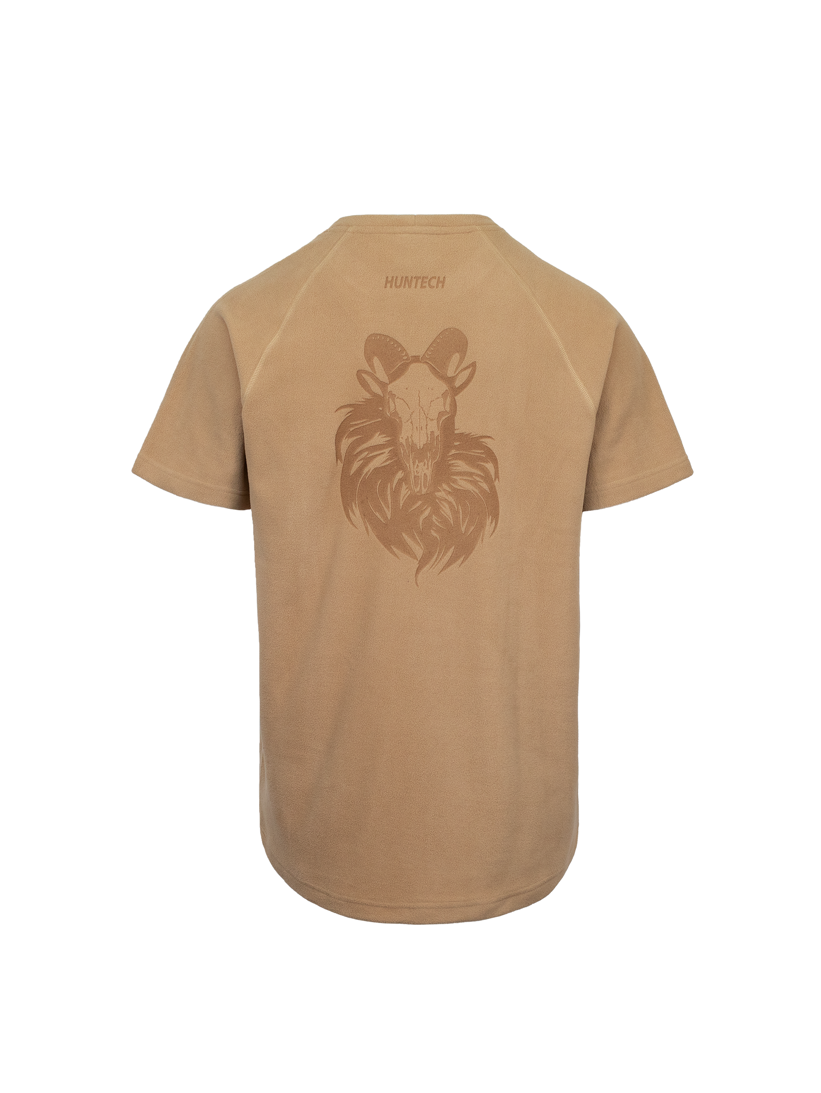 Image shows beige crewneck fleece tee in high grade anti-pill 180 gsm fleece with lion tahr laser etched design on back and cover stitch construction. Features short sleeves and longer back for warmth. Ships from Australia.
