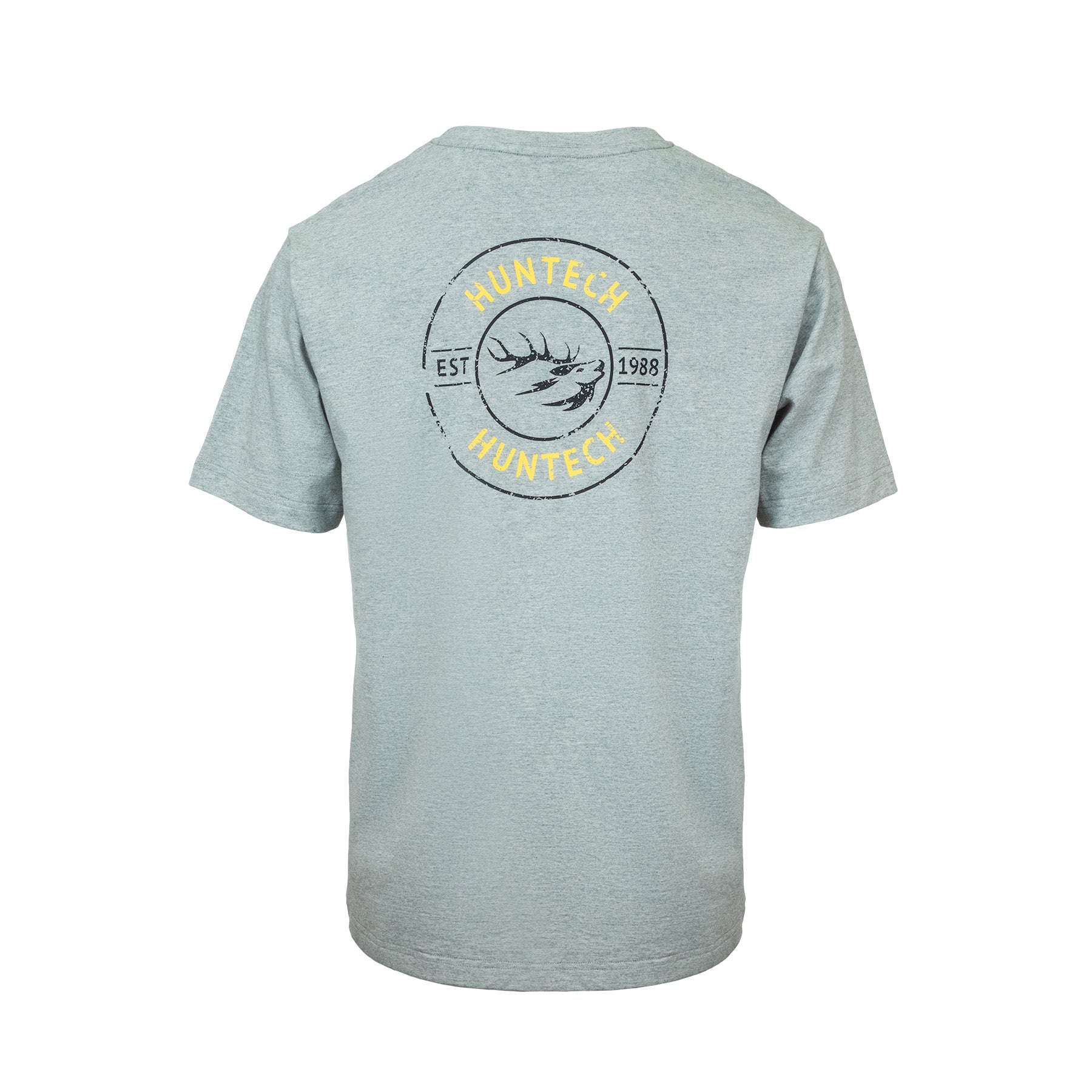 Back view of men’s crew neck tee in organic mid-weight cotton. Features Huntech artwork across upper back with Huntech, the stags head, and est 1988. Ships from Australia and is shown here in grey marle