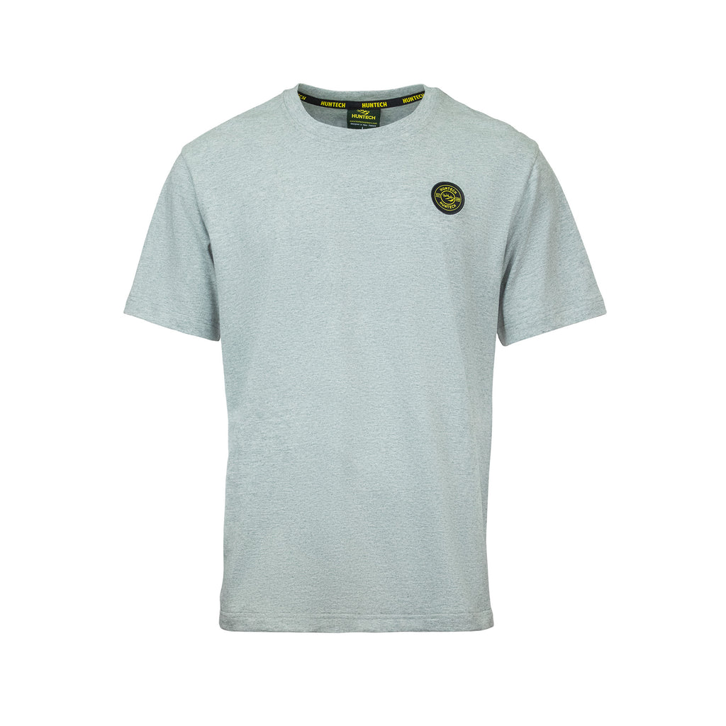 Front view of men’s crew neck tee in organic mid-weight cotton. Features Huntech stag badge on left breast. Ships from Australia and is shown here in grey marle.