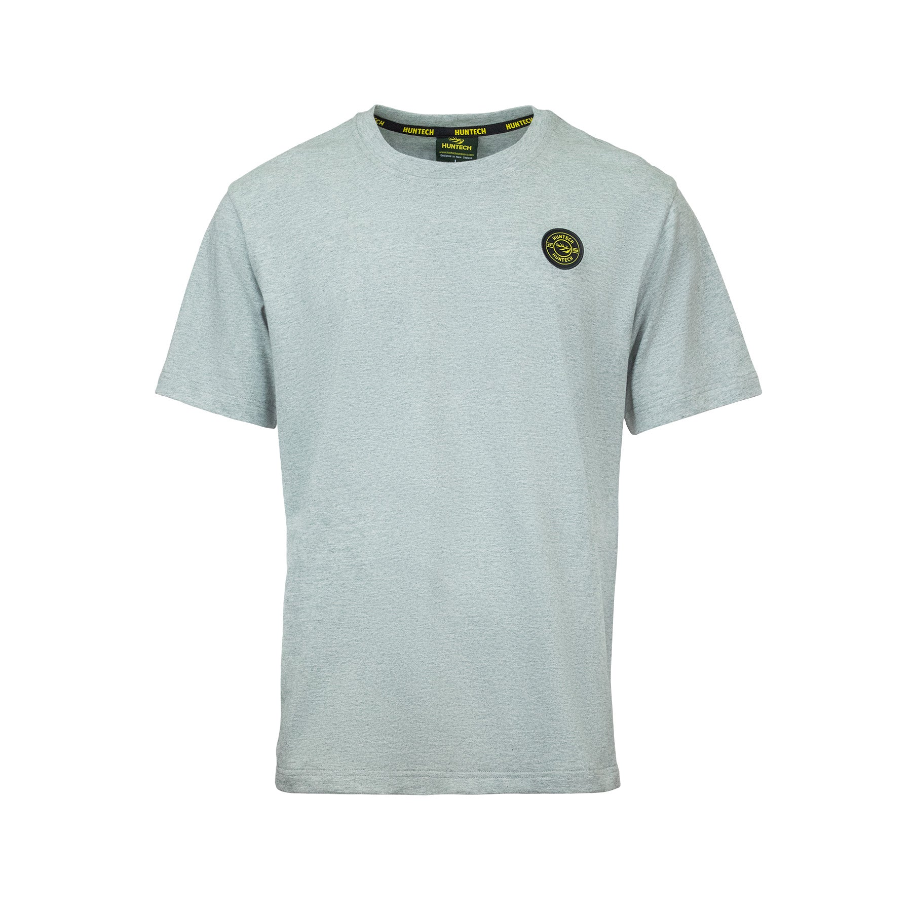 Front view of men’s crew neck tee in organic mid-weight cotton. Features Huntech stag badge on left breast. Ships from Australia and is shown here in grey marle.