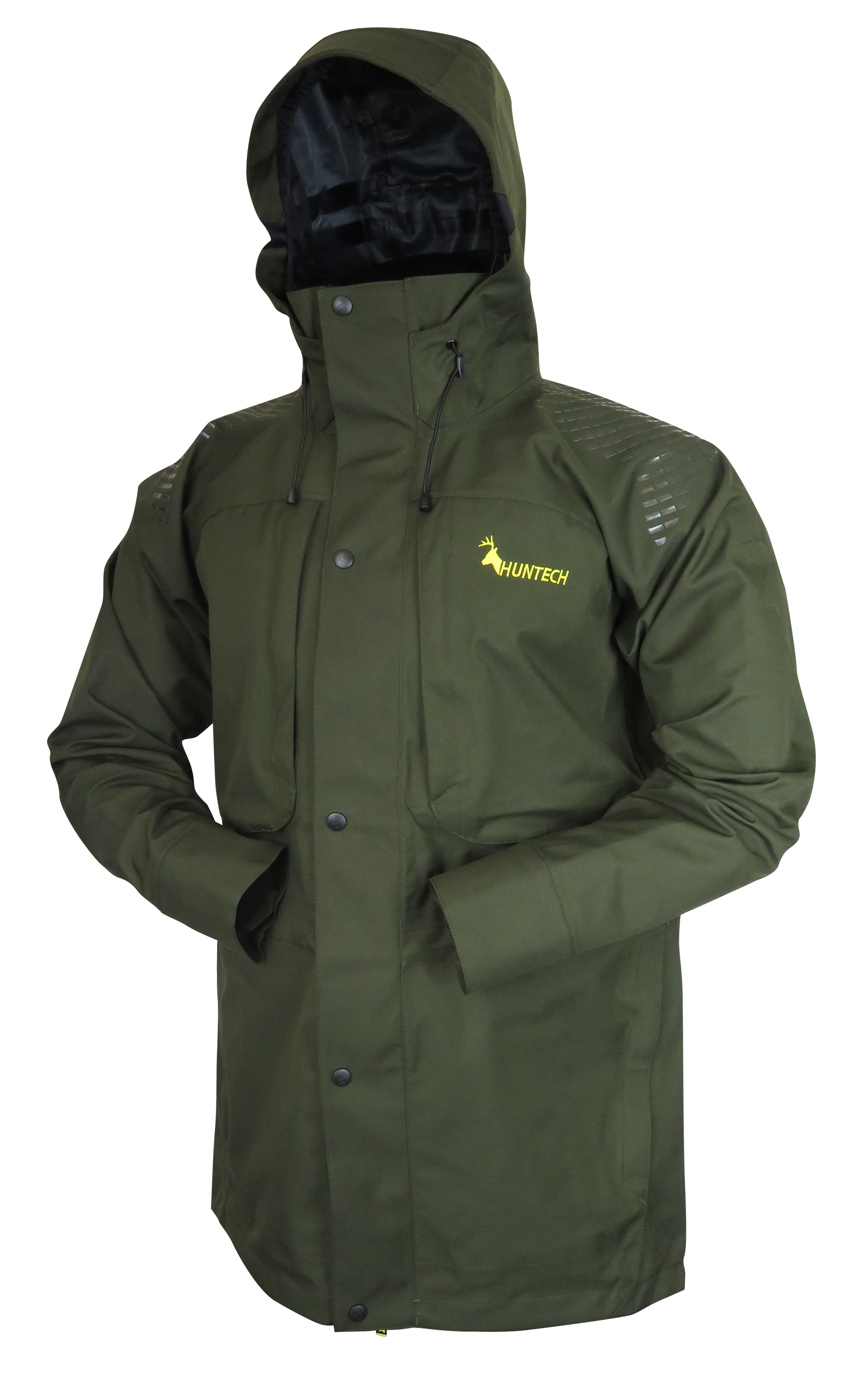 Front view of men’s breathable three-layer jacket with pit zips for heat regulation, YKK 2-way full length zip, thermal retention cuff and three-way adjustable hood. The jacket also features two bellowed chest pockets with the Huntech logo in bright yellow on the left pocket. Ships from Australia and is shown here in military green with the hood up.