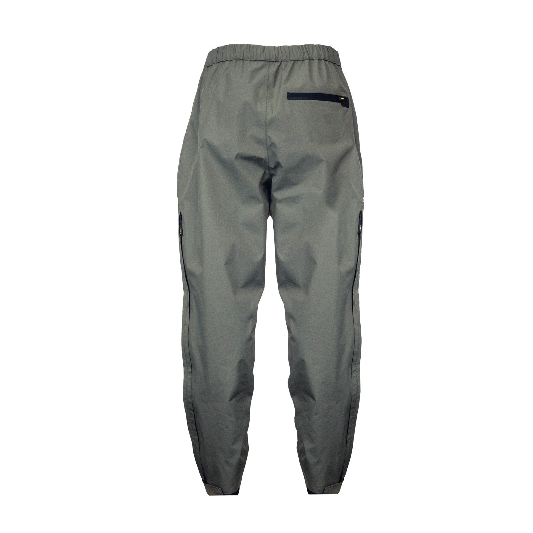 Back view of men’s waterproof pants with back zippered pocket on the right, an elastic waistband and adjustable hems. They ship from Australia and are shown here in a dark olive green/grey.
