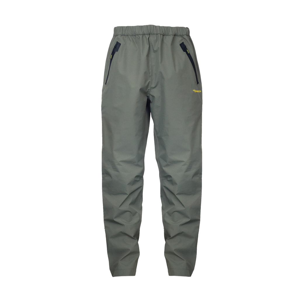 Front view of men’s waterproof pants with side zips on each leg for ventilation, an elastic waistband with a drawcord, and adjustable hems. They also feature secure zip-up pockets and ship from Australia. Shown here in a dark olive green/grey with the Huntech logo in bright yellow on the left hand leg at thigh-height