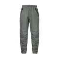 Front view of men’s waterproof pants with side zips on each leg for ventilation, an elastic waistband with a drawcord, and adjustable hems. They also feature secure zip-up pockets and ship from Australia. Shown here in a dark olive green/grey with the Huntech logo in bright yellow on the left hand leg at thigh-height