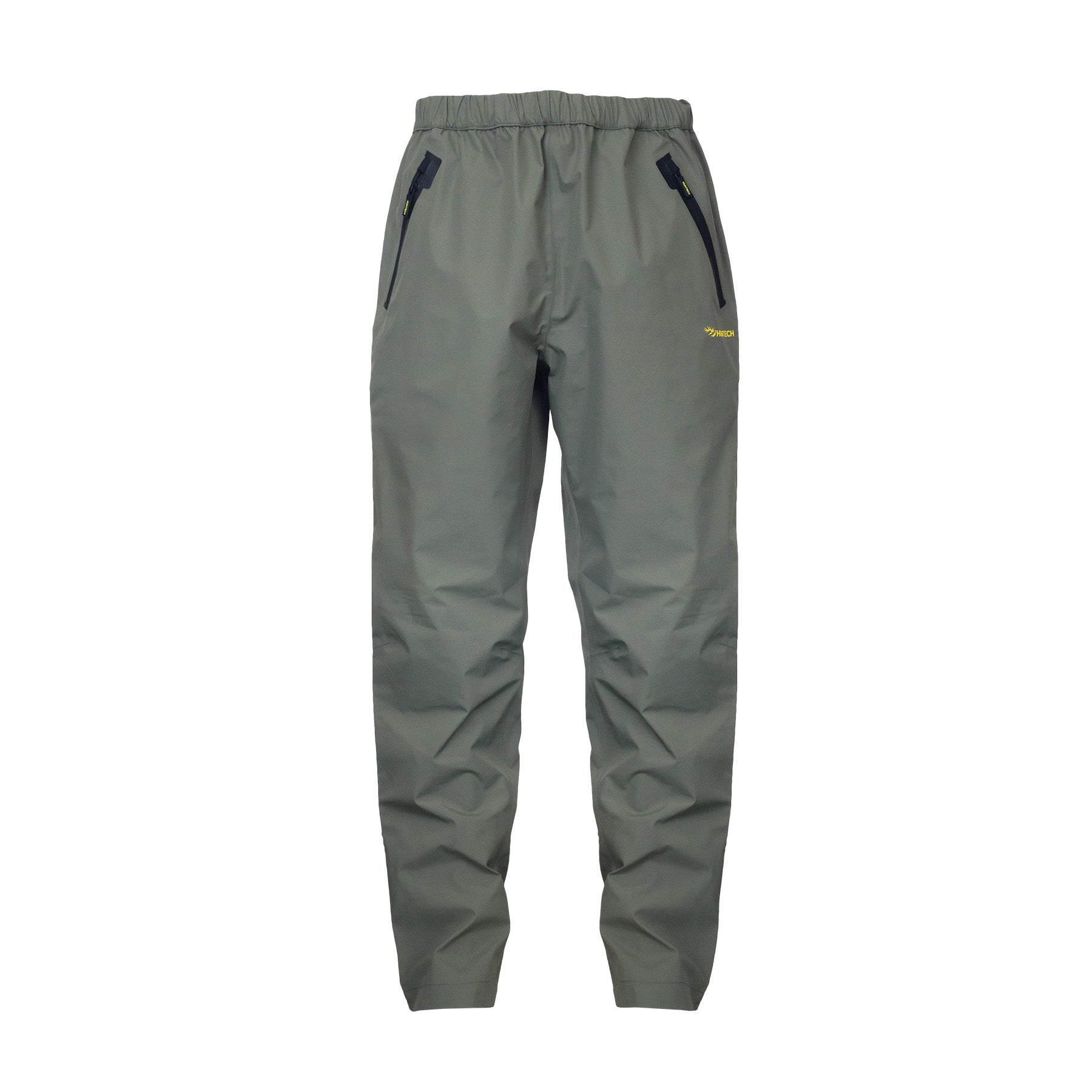 Front view of men’s waterproof pants with side zips on each leg for ventilation, an elastic waistband with a drawcord, and adjustable hems. They also feature secure zip-up pockets and ship from Australia. Shown here in a dark olive green/grey with the Huntech logo in bright yellow on the left hand leg at thigh-height