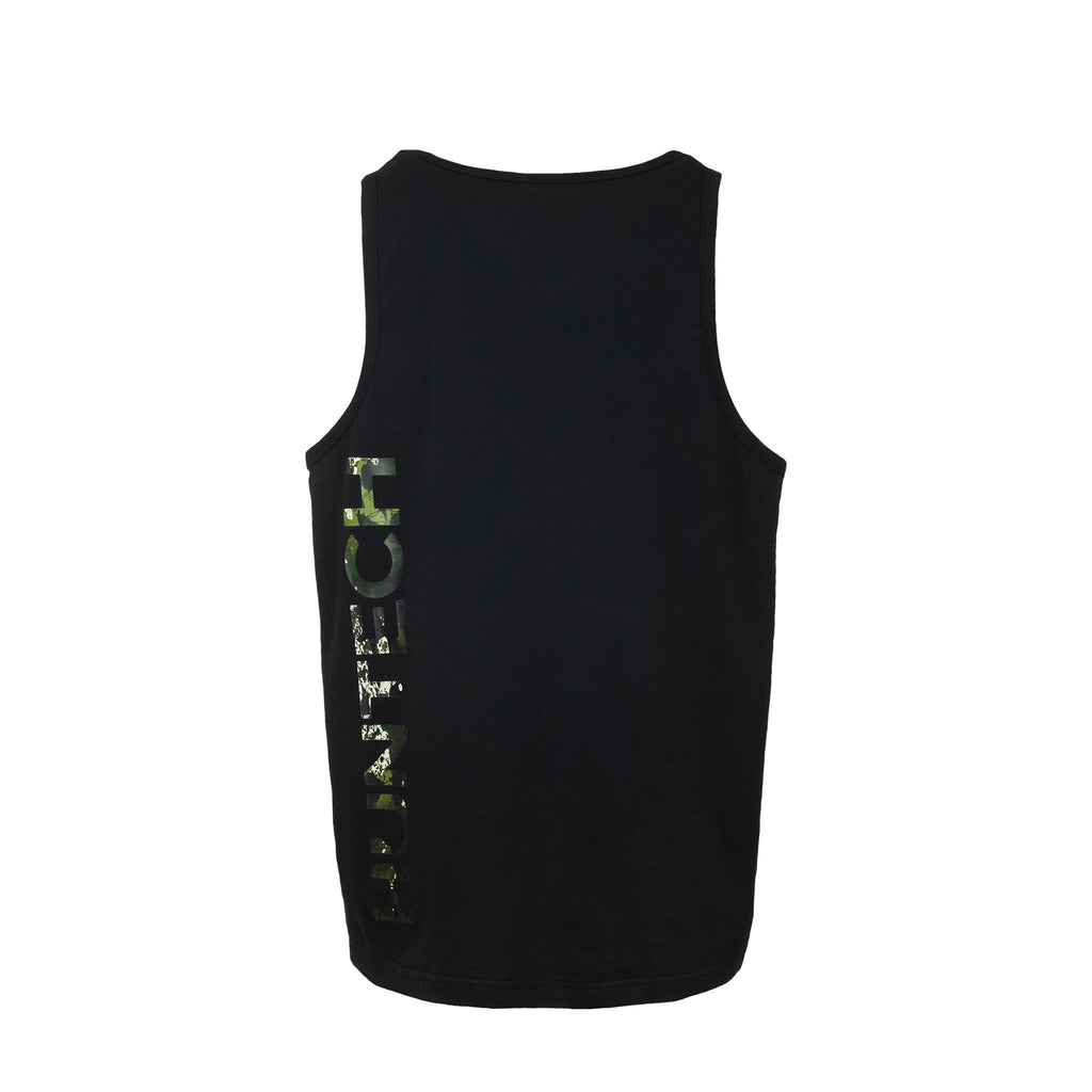 Back view of men’s ultra lightweight and breathable singlet in 100% organic cotton. Features a knocked back Huntech graphic vertically next to the left side seam. Shown here in black, this item ships from Australia.