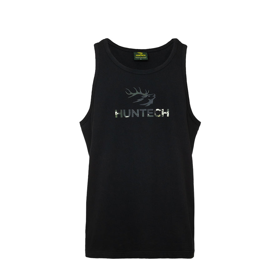 Front view of men’s ultra lightweight and breathable singlet in 100% organic cotton. Features a knocked back Huntech logo across the front chest. Shown here in black, this item ships from Australia.